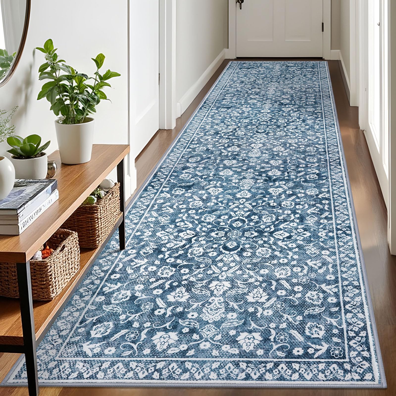 SILOLOOM Vintage Runner Rugs for Hallway 3x10, Blue and White Washable Long Hallway Runner Rug Non Slip, Super Soft Kitchen Runner Rug, Print Faux