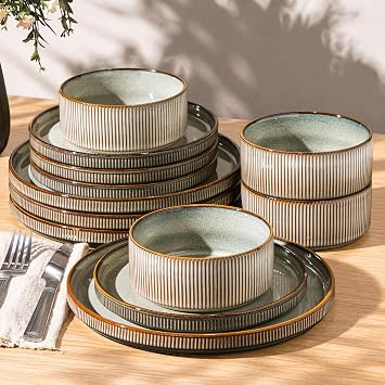 GBHOME Stoneware Dinnerware Sets for 4, 12-Piece Plates and Bowls Set