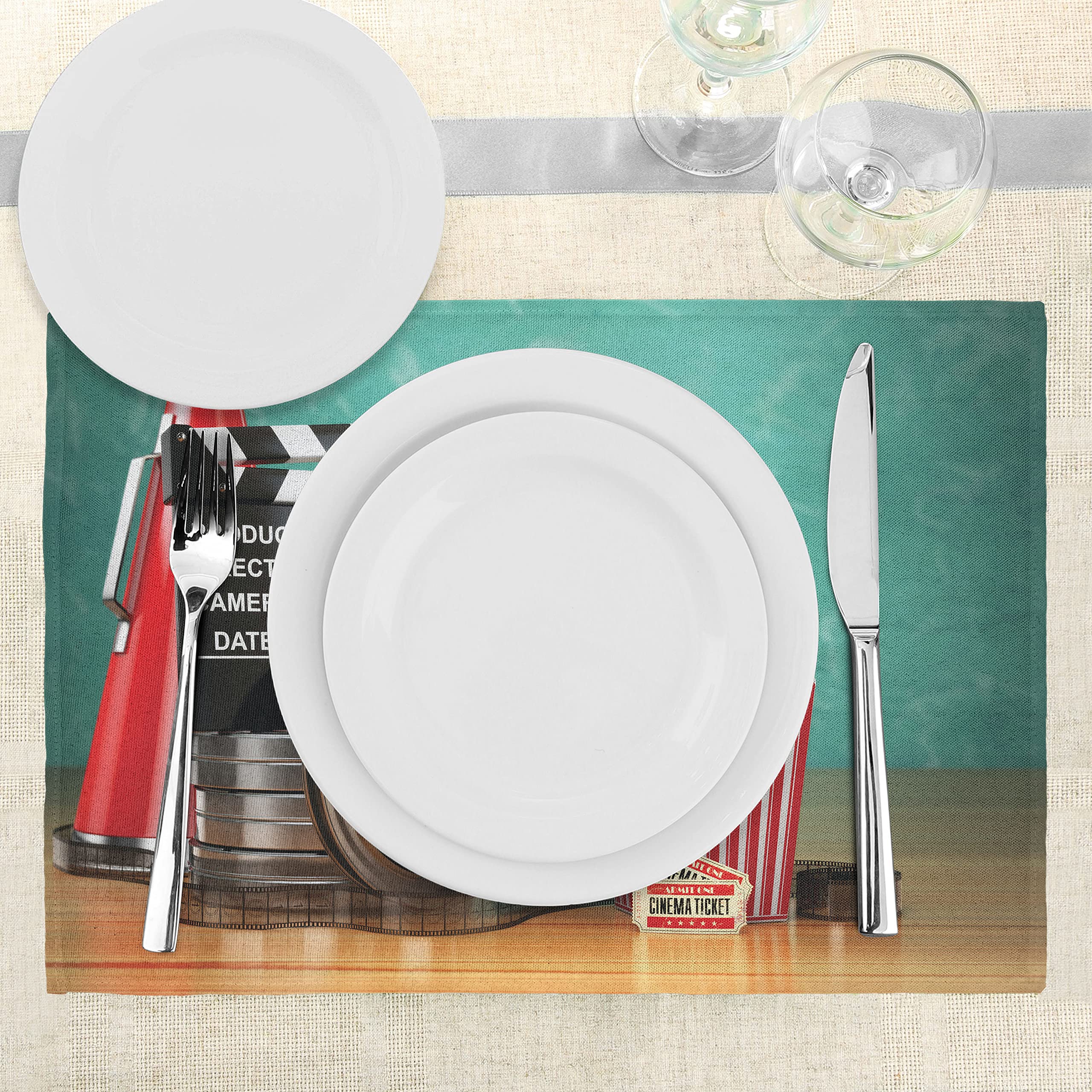 ABAKUHAUS Cinema Tovaglietta Americana Set di 4, Produzione Tema, Tovagliette in Tessuto Lavabile per Tavolo da Pranzo Cena, Verde Mare Nero