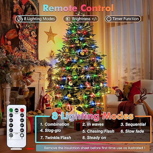Miniatura 3 de Jnaurb Tira de luces a pilas para exteriores, 33 pies, 100 LED, 8 modos, funciona con pilas, guirnalda de luces de Navidad impermeable con control
