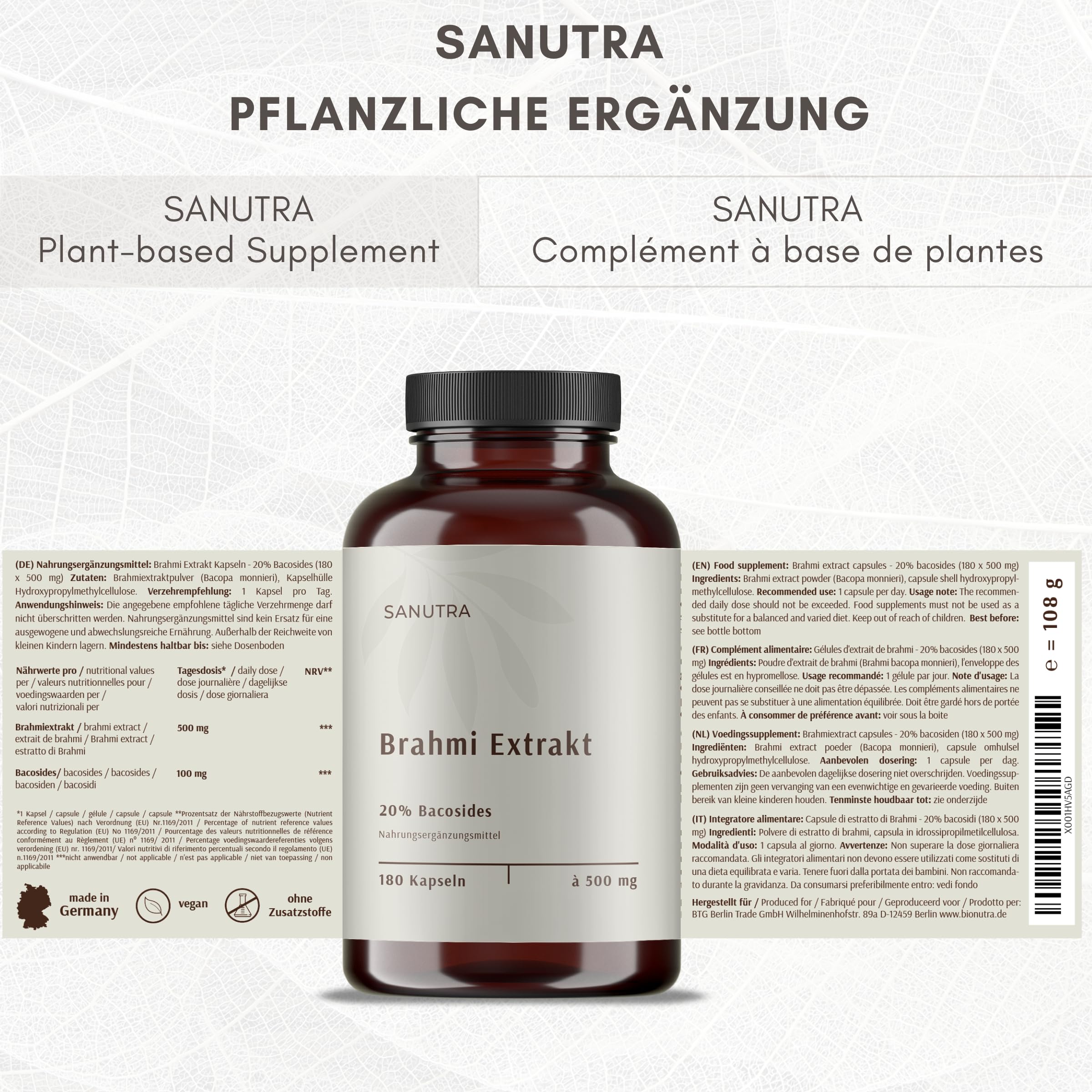 SANUTRA® Gélules de Brahmi hautement dosées – Extrait 5:1 avec 20% de bacosides, véganes, sans additifs, contrôlé contre les résidus, fabrication allemande, 180 gélules de 500 mg
