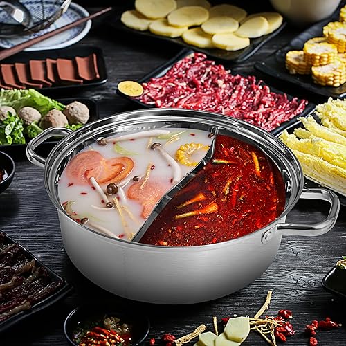 Miniatura 8 de MyLifeUNIT Shabu Shabu - Olla caliente de acero inoxidable 304 de 4.5 cuartos de galón con divisor, utensilios de cocina de sopa de 11.8 pulgadas