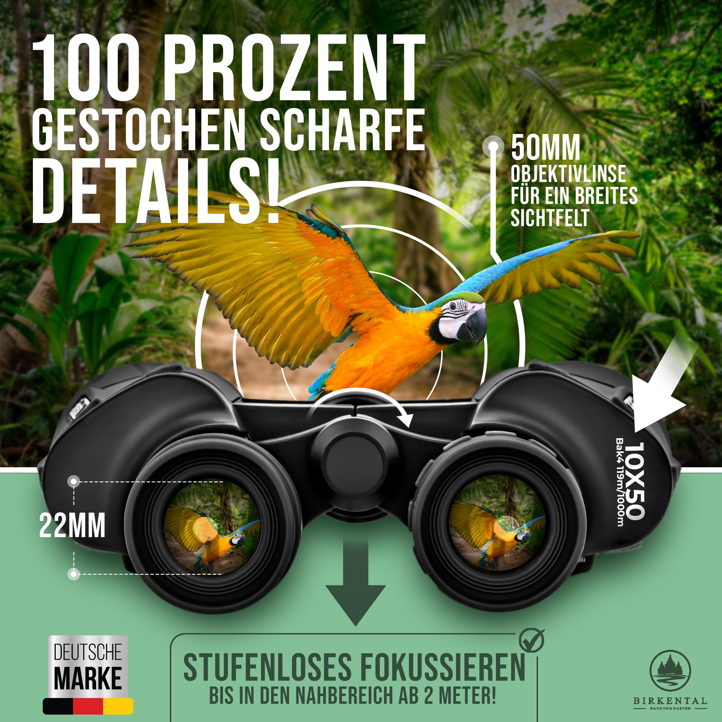 Birkental Fernglas Erwachsene 10x50 inkl. Zubehör-Anfänger und Profis-HD Zoom,wasserdicht,leicht,kompakt-auch für Brillenträger-breites Sichtfeld Feldstecher-Jagd,Vogelbeobachtung,Astronomie (Schwarz)