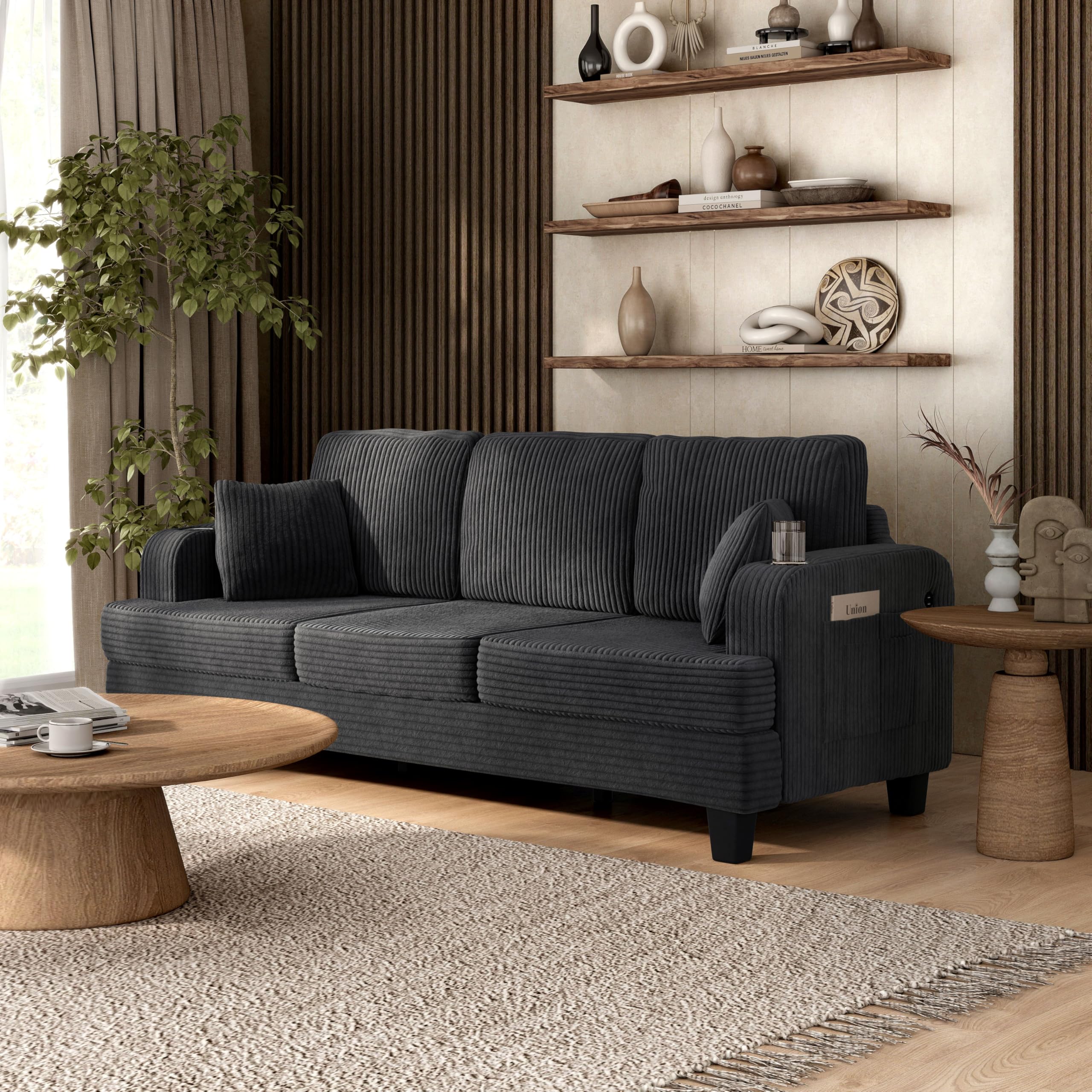 Photo 1 of ***FINAL SALE NO RETURN***Homes: Inside + Out Reese Modern Plush Chenille Couch with Side Pockets, Cup Holders and USB Ports, Wooden Comfortable Sofa for Living Room, Bedroom and Office, Dark Grey