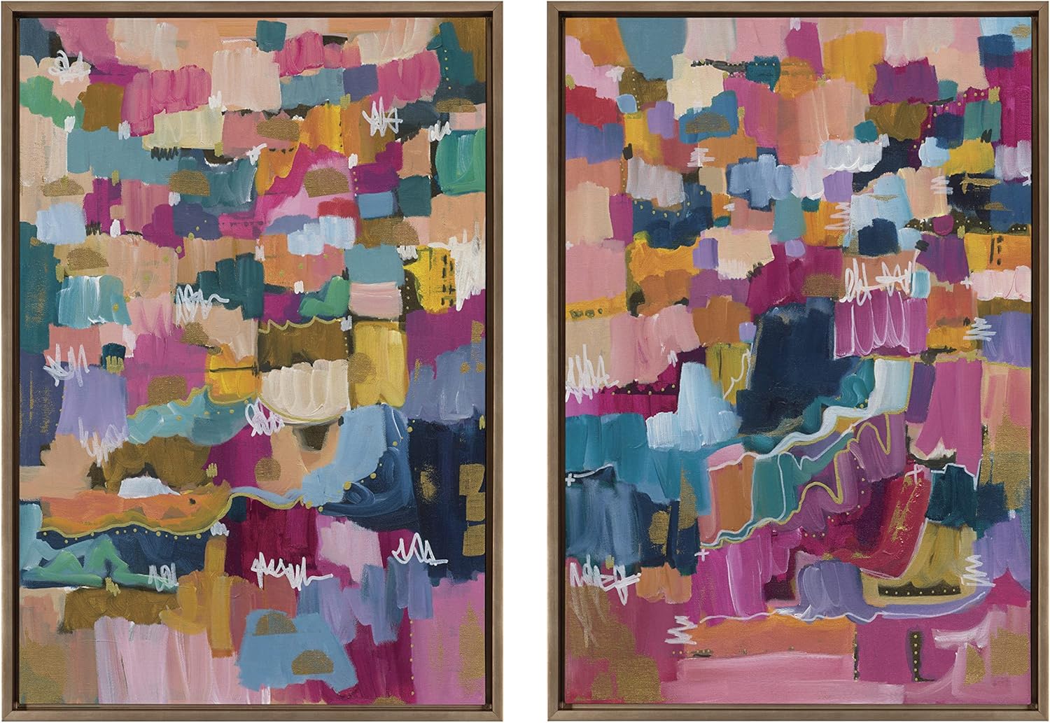 Kate and Laurel Sylvie Applause Framed Canvas Wall Art Set by Leah Nadeau, Set of 2, 18x24 Gold, Decorative Colorful Abstract Art Print for Wall