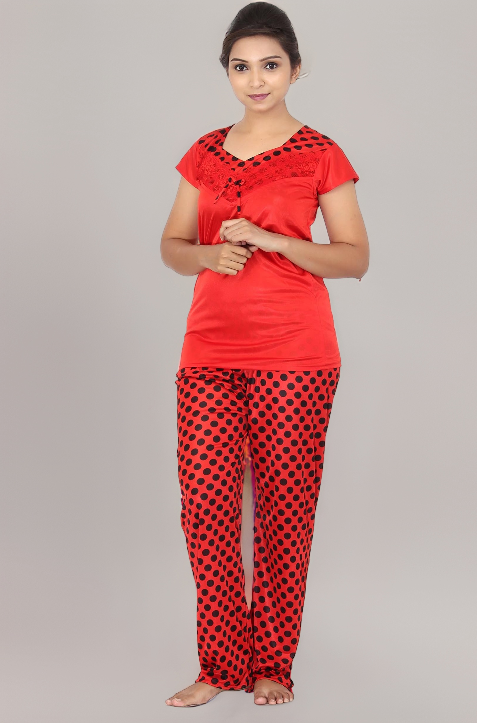 Fabme Women's Satin Polka Dots Top and Pyjama Pack of 1