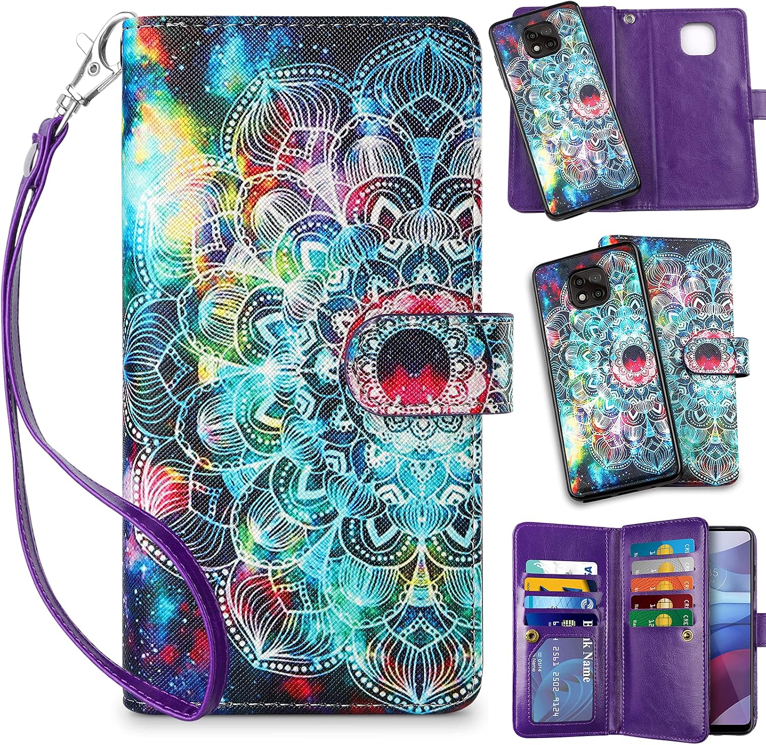 Vofolen for Moto G Power 2021 Case Wallet Credit Card Holder Slot 2-in-1 Detachable Strap for Women Girl Hybrid Protective Slim Hard Shell Magnetic PU Leather Folio Pocket Flip Cover Mandala Purple
