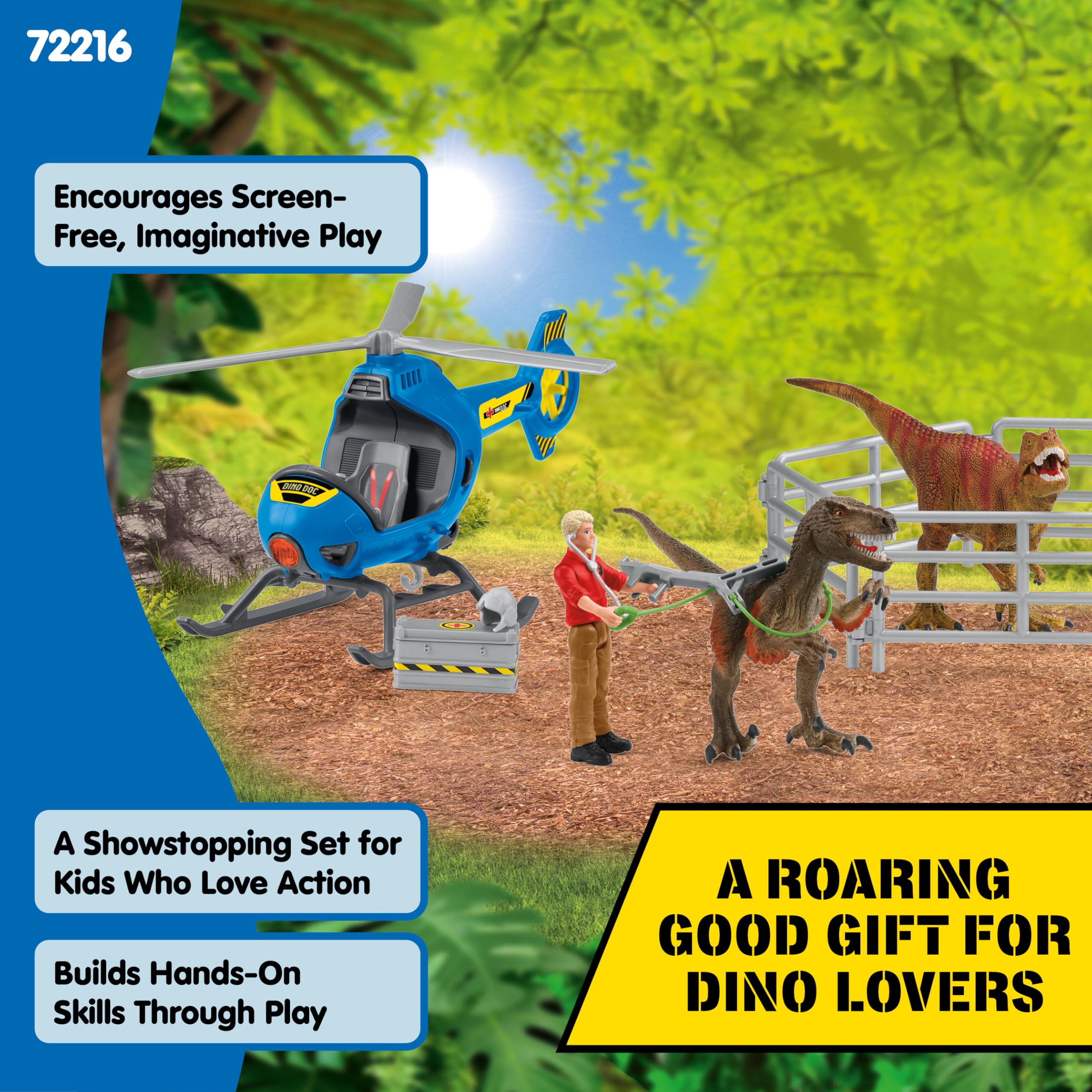 schleich DINOSAURS | Ratunek dinozaurów helikopterem 72216 | Zestaw z helikopterem, Flynnem, 2 dinozaurami i akcesoriami | Prezent dla dzieci | Zabawka od 5 lat | 28 elementów | tylko na Amazon