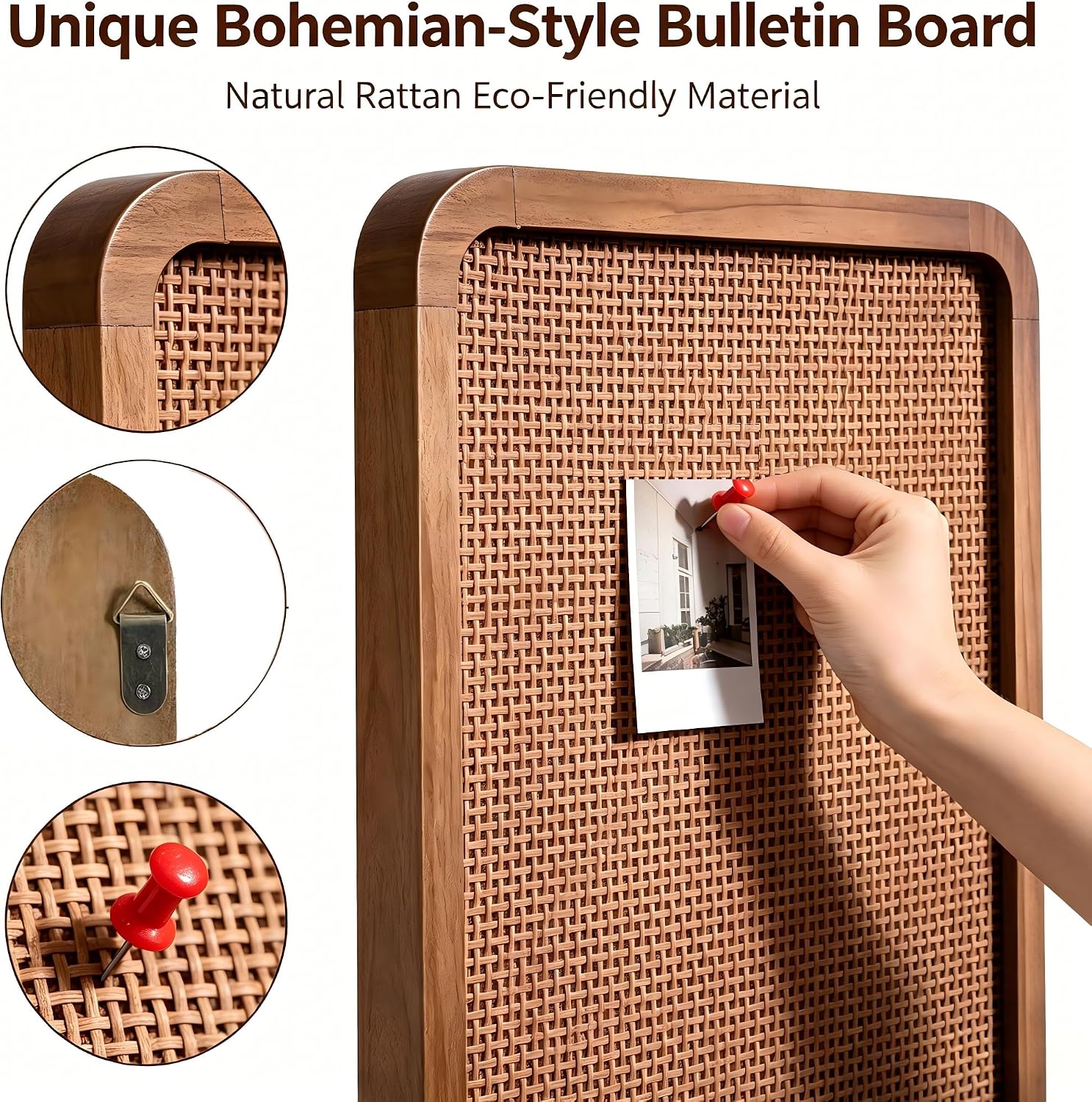 Boho Bulletin Board for Wall, 13" x 17" Aesthetic Rattan Cork Board with Wooden Frame, Decorative Pin Board for Photos, Notes & Vision Boards,Wall Organizer for Bedroom, Dorm & Office