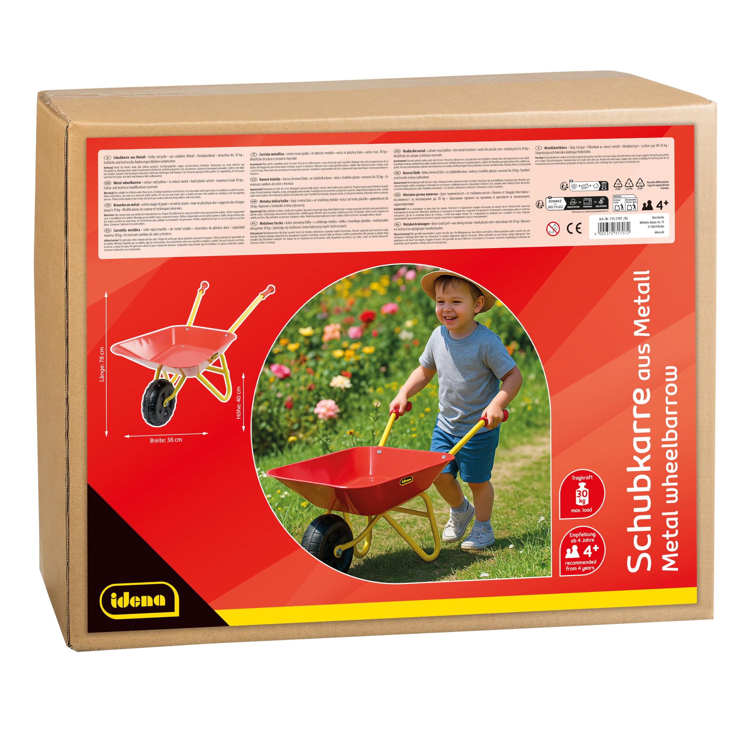 Idena 7131707 - Brouette en métal pour enfants à partir de 24 mois en rouge et jaune, environ 78 x 40 x 38 cm, idéal pour le jardin et le bac à sable