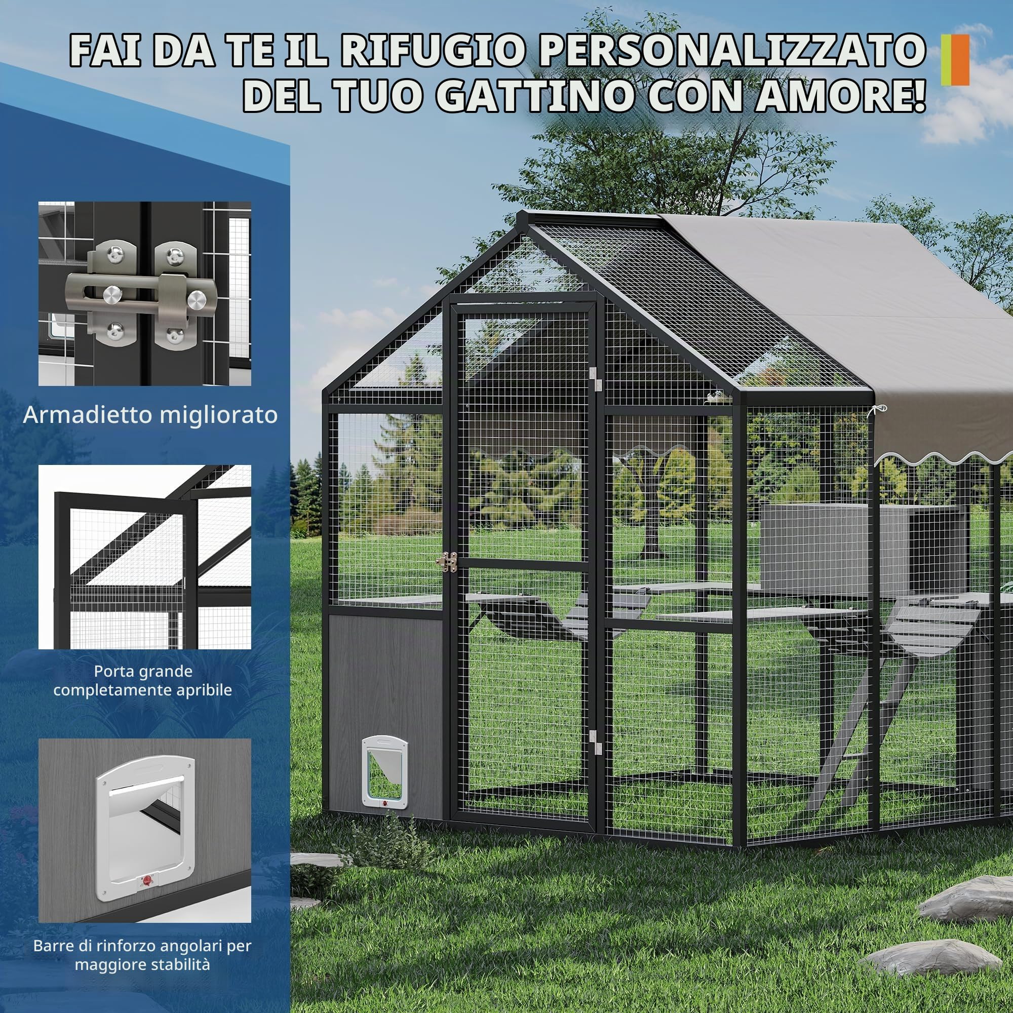Garvee Recinto gatti da esterno ampio in alluminio – Catio walk-in con canale – Porta laterale – Copertura UV e piattaforma – Ideale per più gatti – 190-4 Cat Room