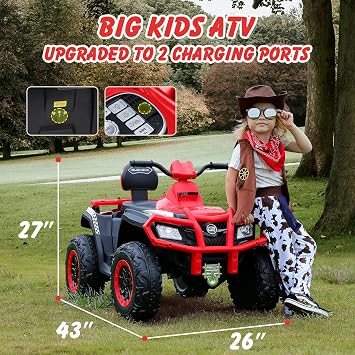 ELEMARA 24V 2 Seater Ride on ATV for Big Kids,Electric 4 Wheeler Kid Quad,Kids ATV Ride on 4 Wheeler with Total 400W Motors, 5mph Max Speed, LED Headlights, Music,Ride On Toys for Big Children, Red