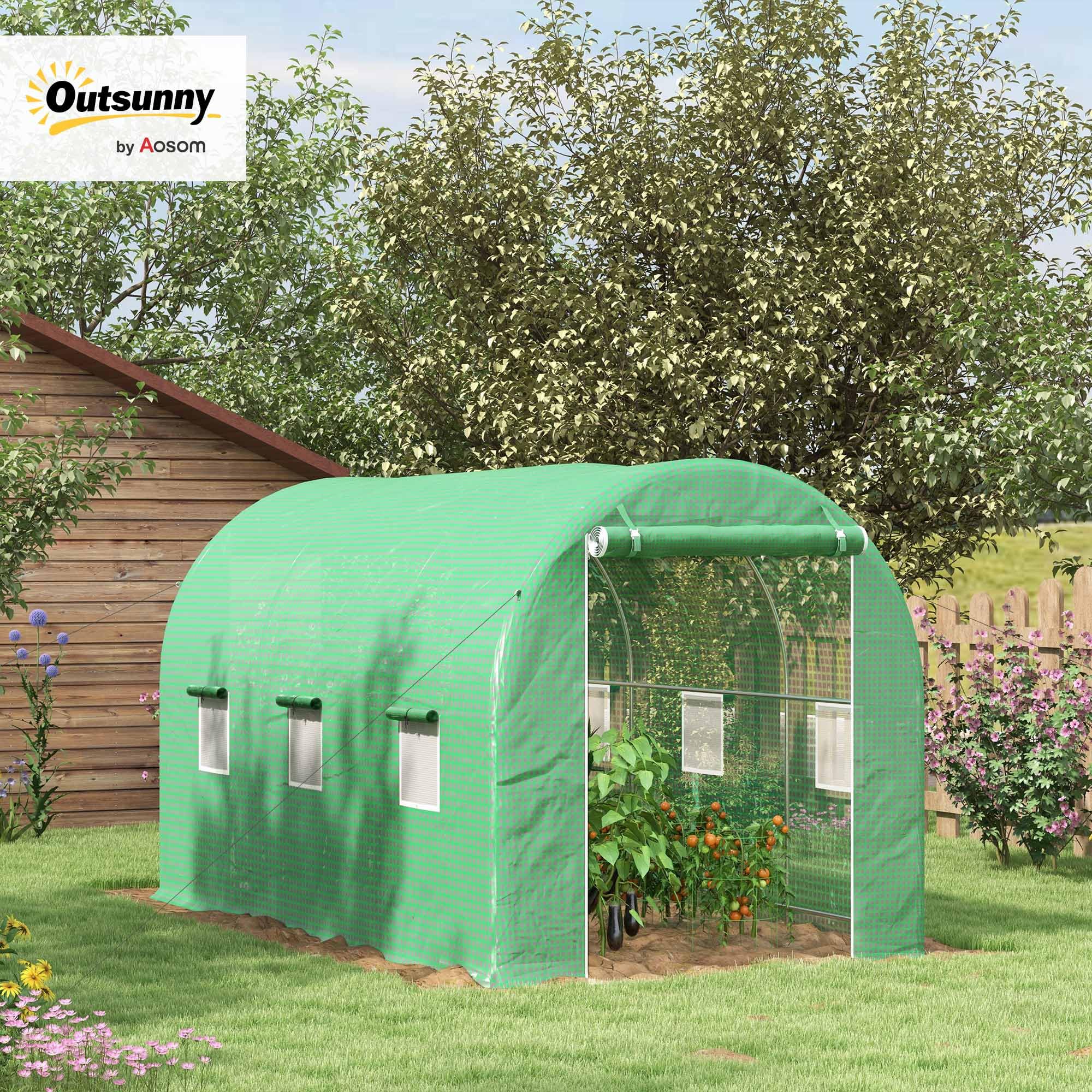 Outsunny Serre de Jardin Tunnel Serre à Tomates 8 m² 4L x 2l x 2,05H m Vert | Châssis Tubulaire Renforcé, Double Porte Zippée, 6 Fenêtres Enroulables
