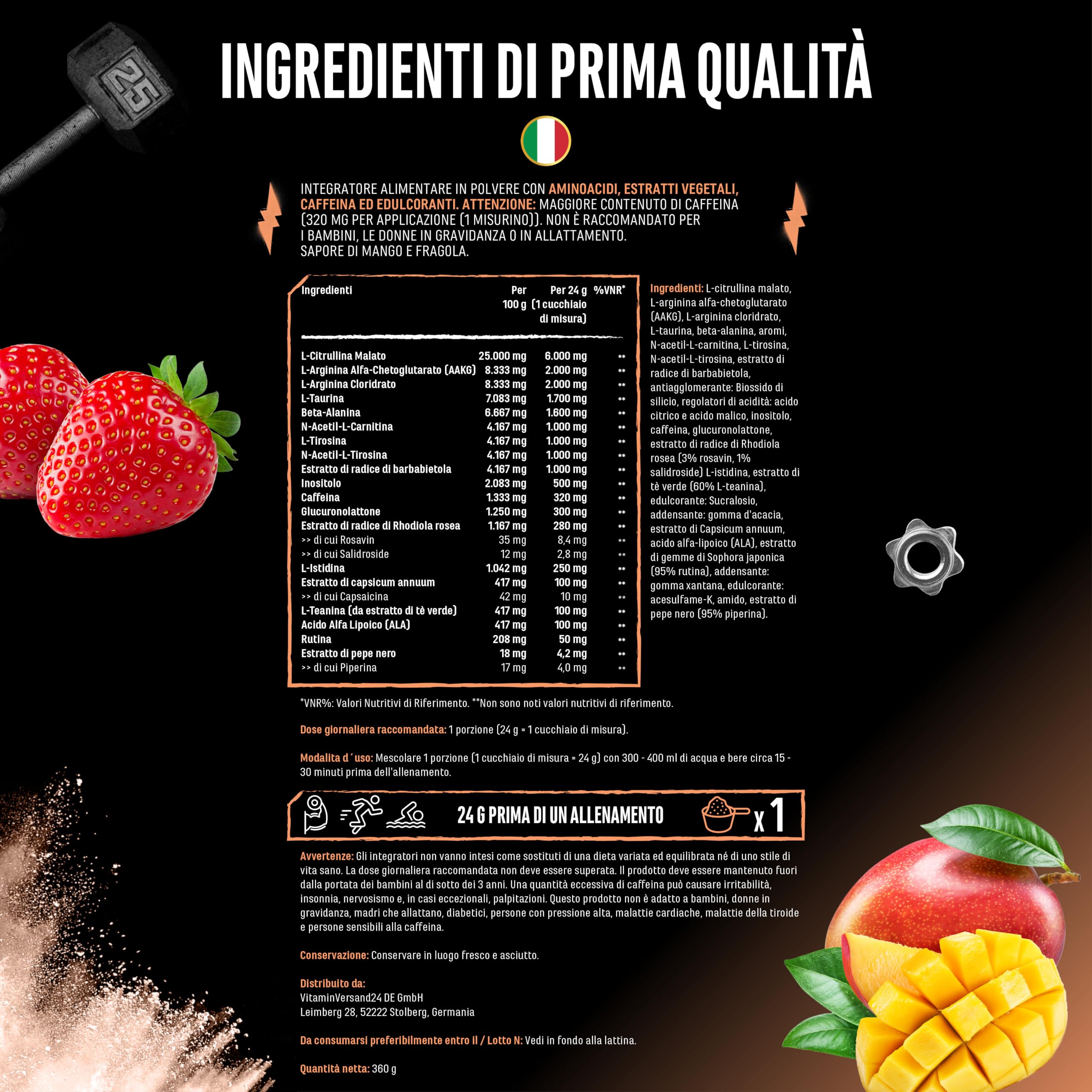 Push it to the Limit - Pre-Allenamento con L-Arginina + Citrullina + L-Tirosina + L-Teanina + L-Carnitina + AAKG + Taurina + Radice di Rosa Rhodiola + Caffeina - Dose elevata - 360 g - Mango Fragola