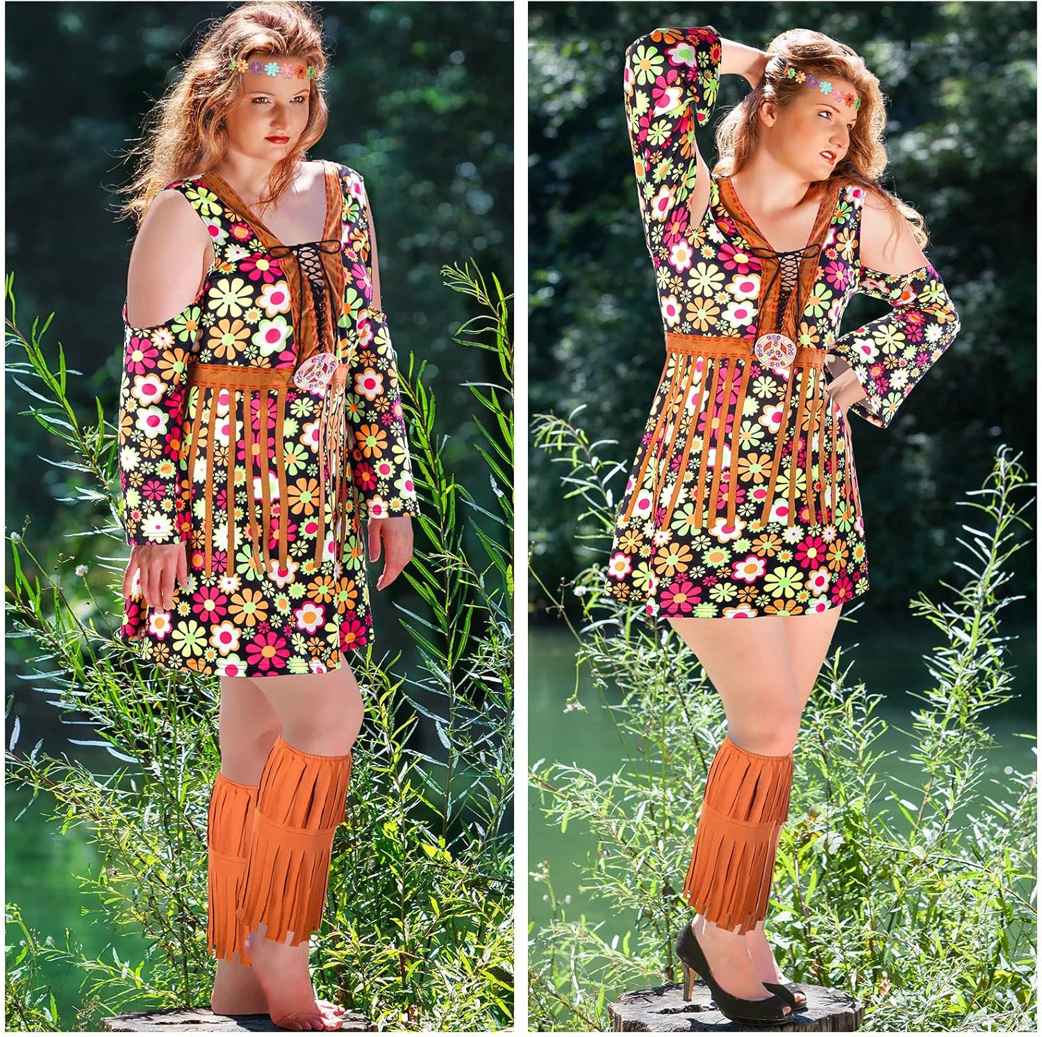 Zhanmai 3 Pcs 70's Women Costume Hippie Dress Outfits Plus Size Costumes for Women Bohemian Headband Disco Ankle Socks