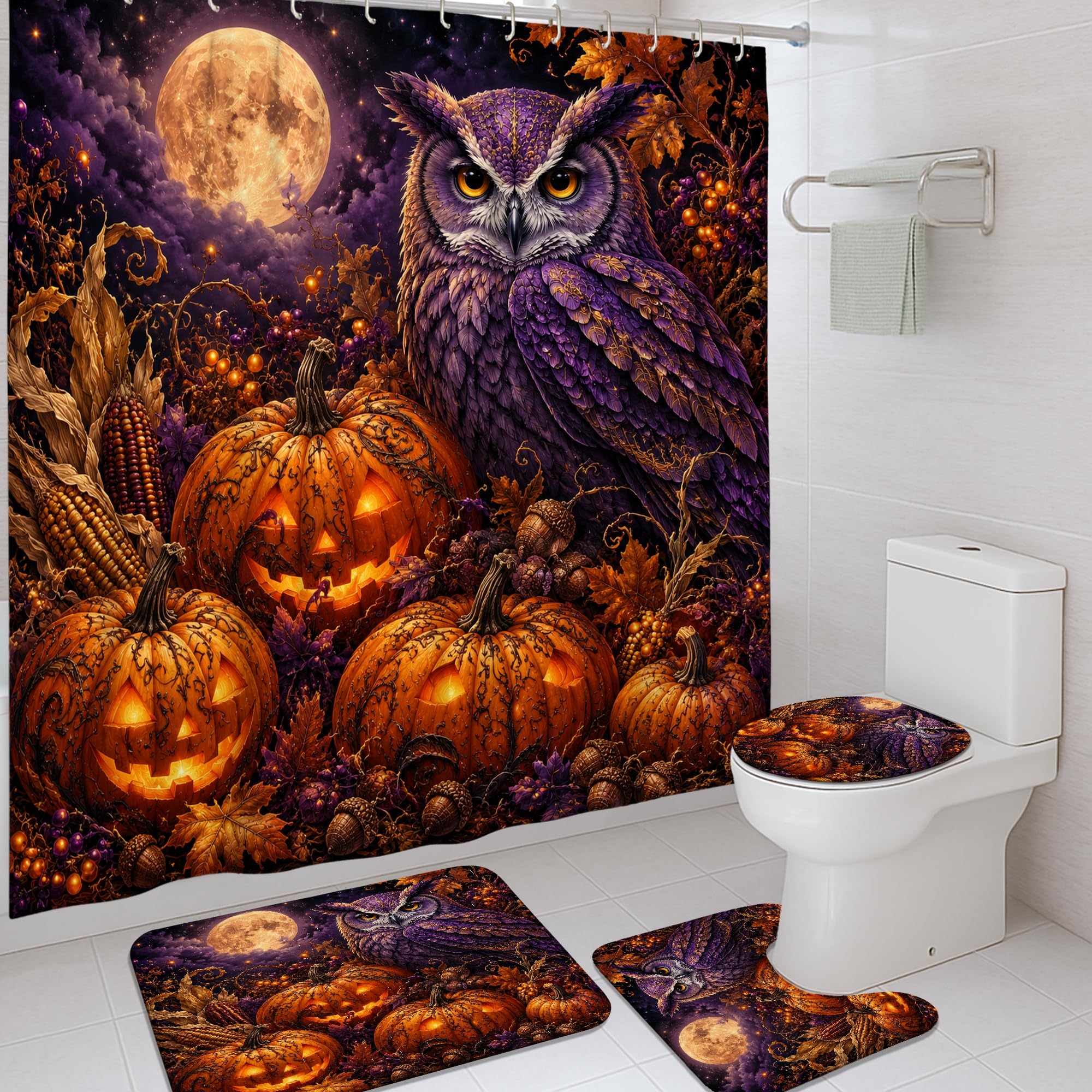 Rideau de douche lavable anti-éclaboussures motif Halloween violet avec crochets pour baignoire