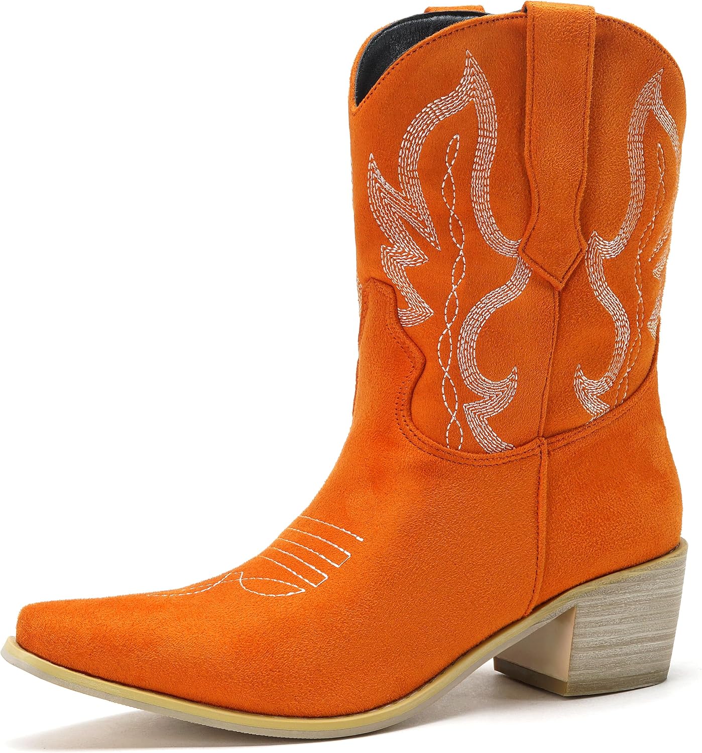 Cozivwaiy Classic Cowboy Booties Embroidered Women Pointed Toe Ankle Boots Western Country Boots Pull on Block Heel Booties
