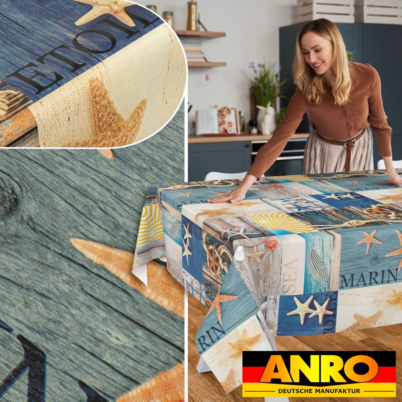 ANRO Mantel de hule lavable, para jardín, redondo, ovalado, rectangular, diseño marítimo, 400 x 140 cm, borde de corte
