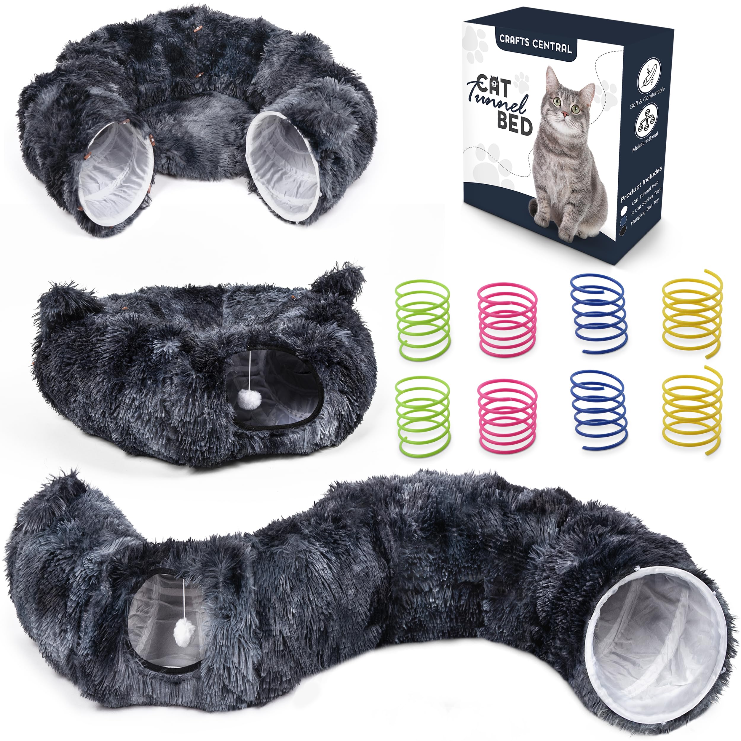 Cat Tunnel Bed with 8 Spring Toys - Plush Peekaboo Cat Cave for Indoor Pets - Versatile Cat Donut Tunnels for Indoor Cats- Foldable Kitten Bed Tunnel