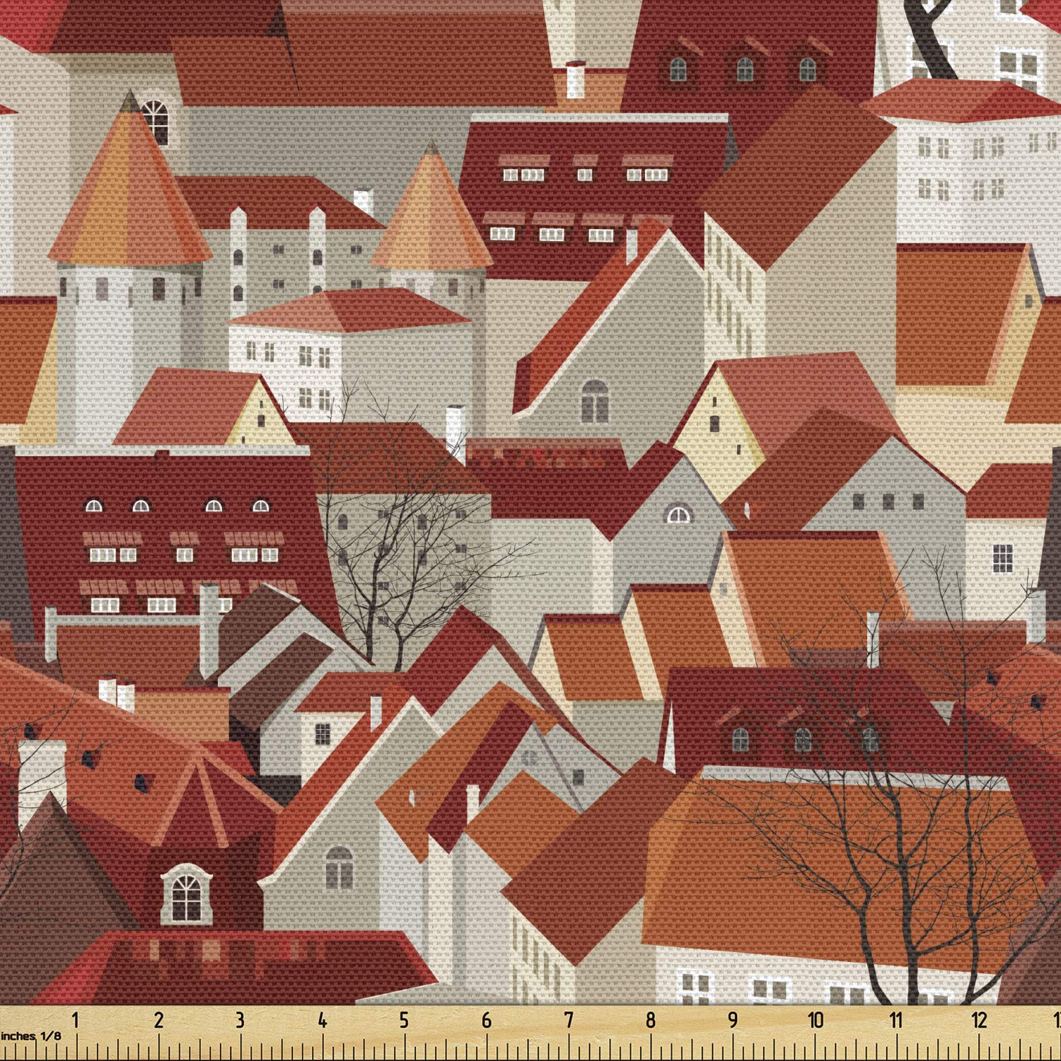 Ambesonne City Fabric by The Yard, Landscape Illustration with Tile Roof Pattern Urban Architecture Ornamental Design, Decorative Fabric for Upholstery and Home Accents, 2 Yards, Burgundy Cinnamon