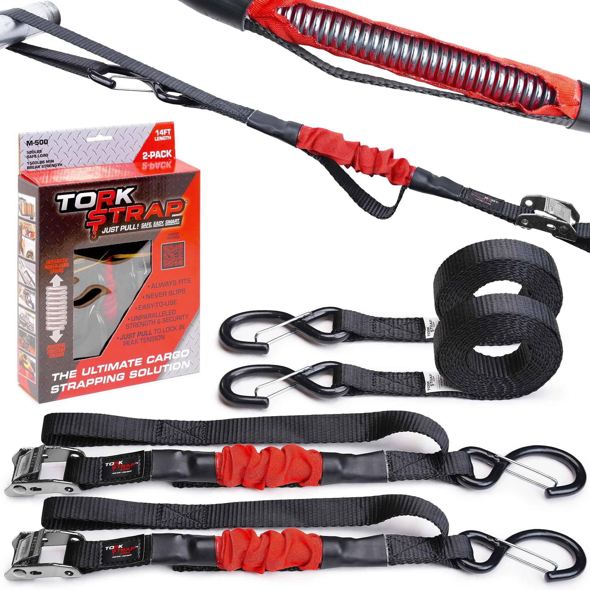 TorkStrap Model 500 (2-Pack) Spring Loaded Cargo Strap -Just Pull! Medium Duty, 500lbs Safe Work Load, 1500lbs MBS