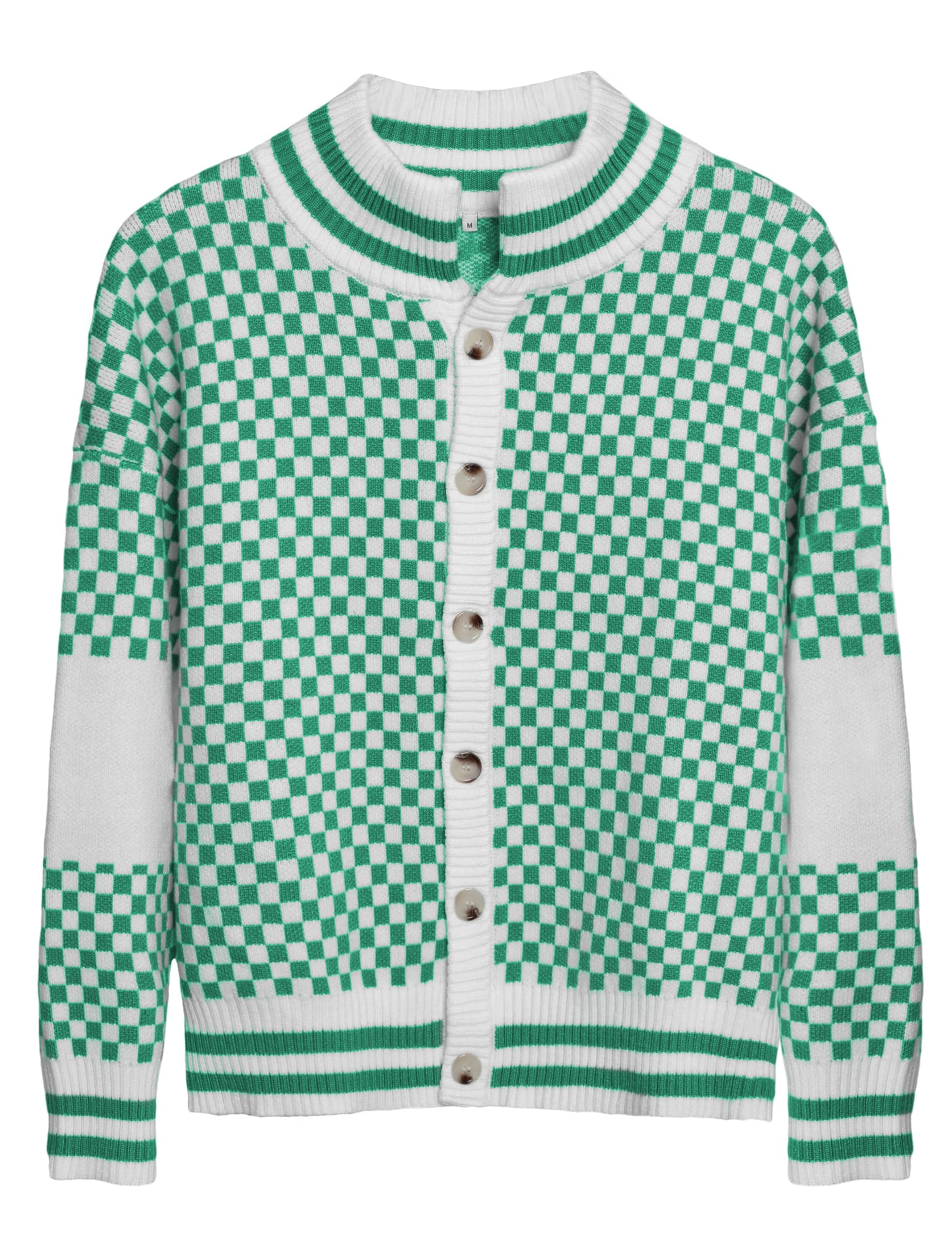 Checkerboard Knit Cardigan for Women Fall 2025 Drop Shoulder Button Front Black and White Sweater with Pockets