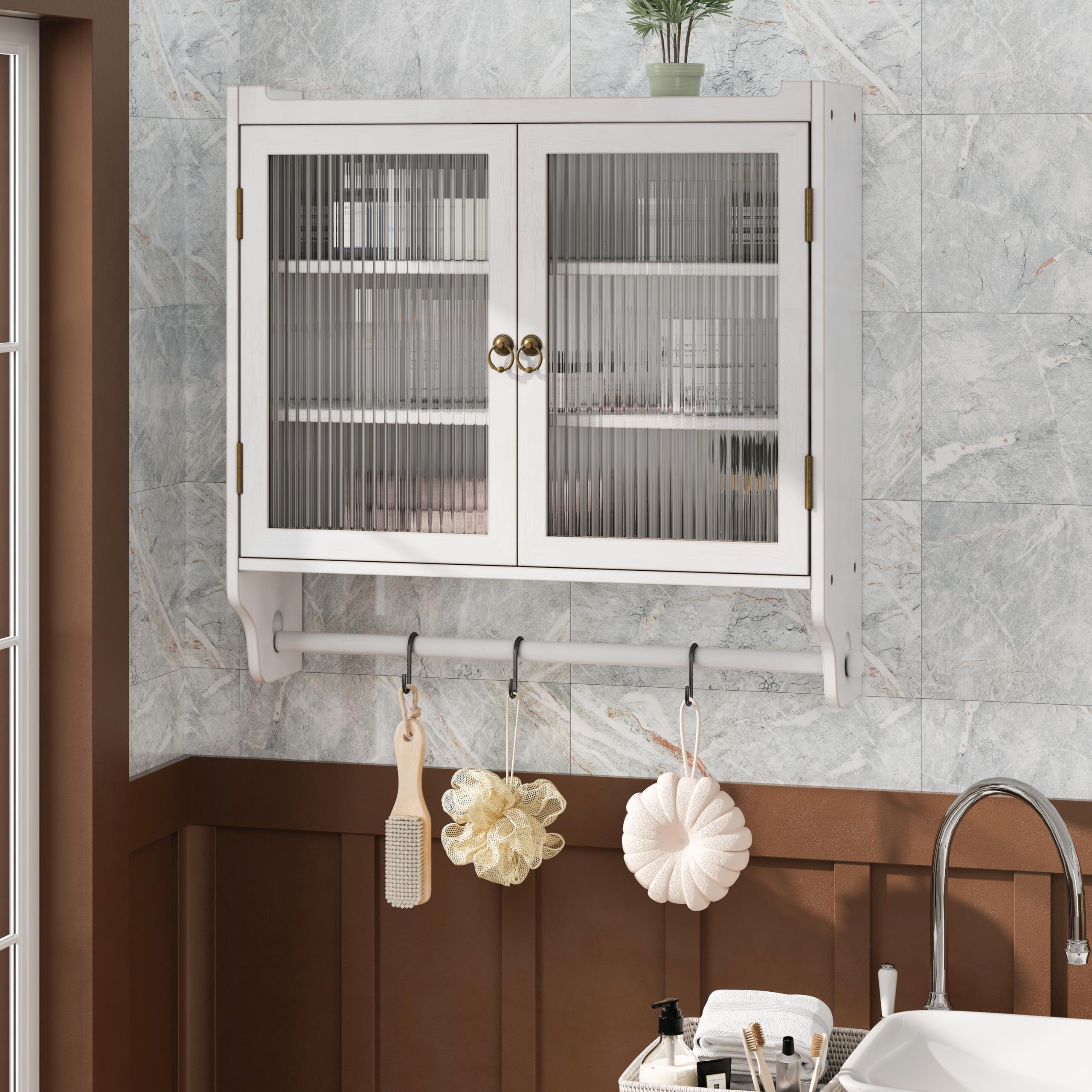 Gabinete de pared vintage de doble puerta de cristal con tres niveles de almacenamiento y estante de toalla, para baño, cocina o sala de comedor, blanco lavado (blanco)
