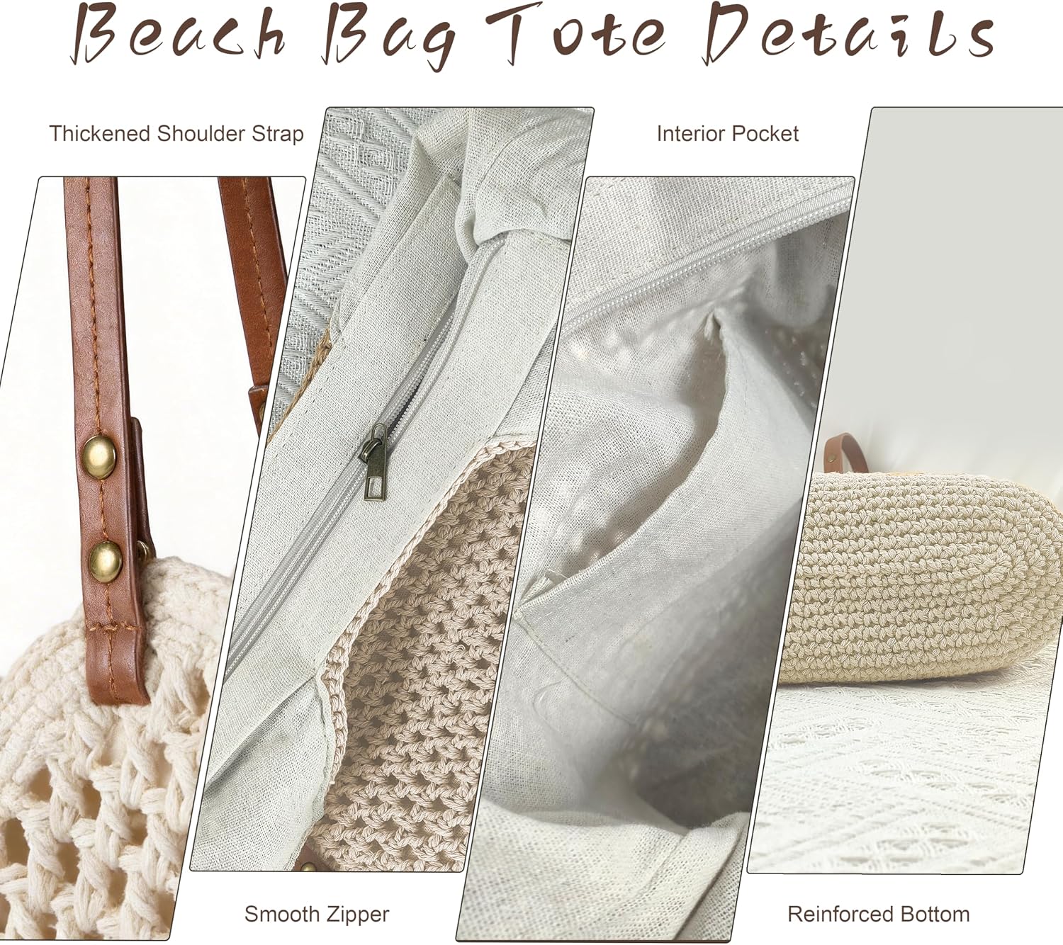 Crochet Beach Bag, Woven Tote Bag, Boho Bags for Women,Summer Purse with Zipper & Pocket