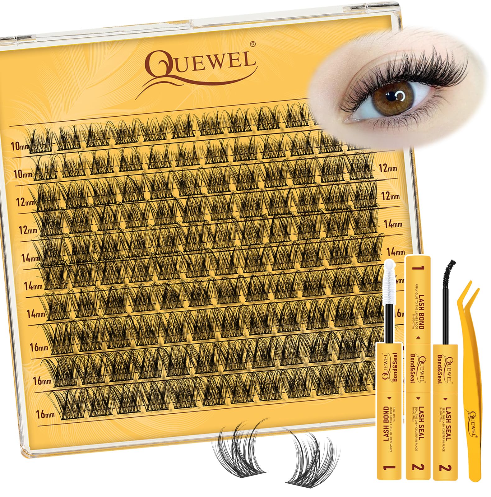QUEWEL DIY-Lash-Extension-Kit, 120 PCS Wispy-Lash-Clusters-Kit D Curl Lash-Clusters Natural Look Super Thin Band Cluster-Lashes-Kit 10-16mm with Lash Bond and Seal and Lash Tweezers(Feather 01 Kit)