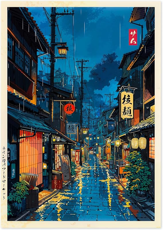 Tokyo Tea House Anime Woodblock Poster Modern Ukiyo-E, Japanese Cartoon Illustration Print, Archival Matte, A3 (Print Only) - 42x29.7cm