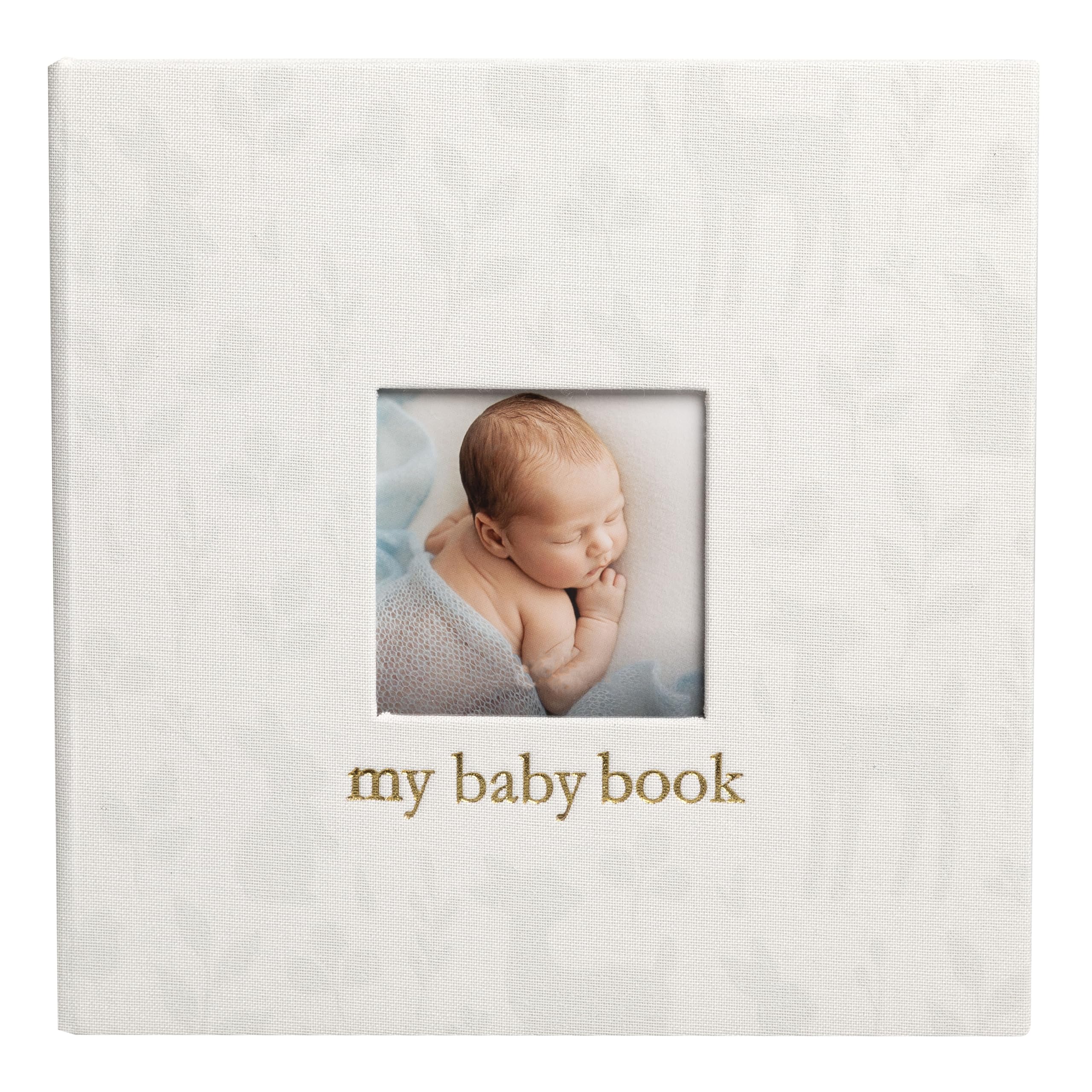 Pearhead Deer Print Linen Baby Book, Keepsake Memory Book for Baby Boy or Girl, With Baby Photo Insert, Timeless Spiral Bound Scrapbook, Soft Woodland Theme
