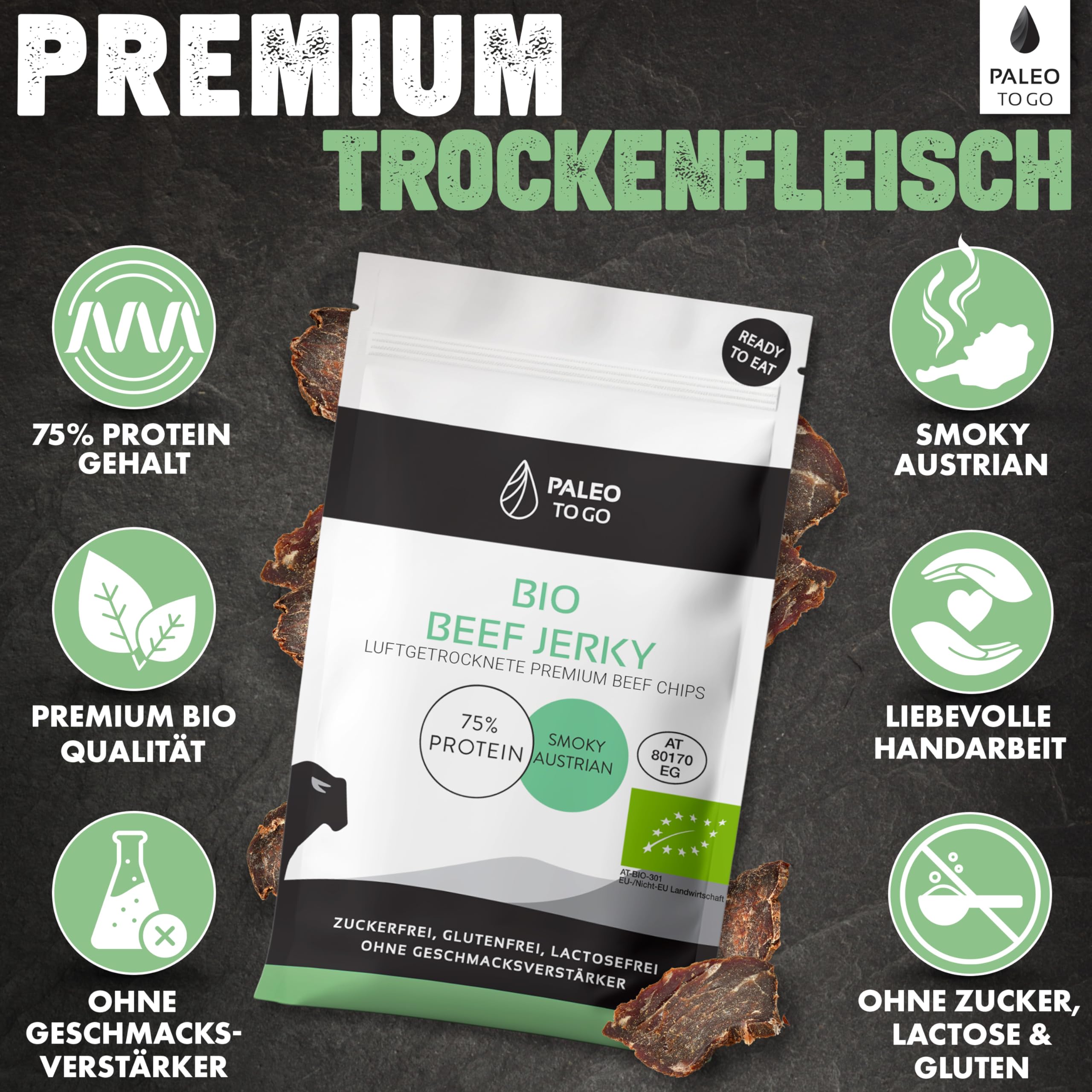 PALEO TO GO Bio Beef Snack Bundle, Beef Jerky und Beef Chips aus Bio Rindfleisch, High Protein Trockenfleisch, Low Carb Eiweiß Snack, Made in Austria, ohne Konservierungsstoffe