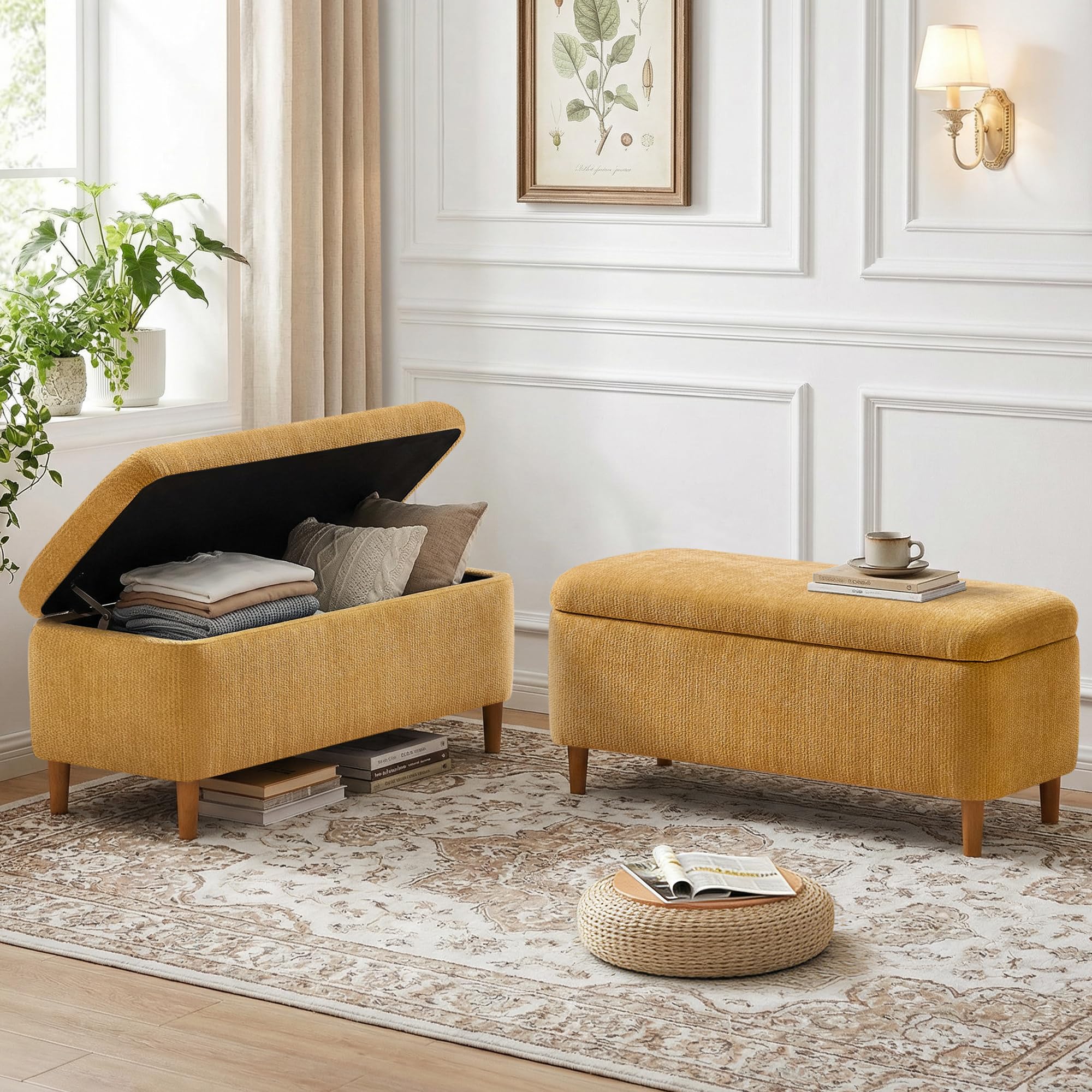 39.4”Ottoman with Storage Set of 2,Upholstered Comfy Storage Bench Ottoman with Wooden Legs,End of Bed Bench Footstool for Hallway Entryway Bedroom Living Room Corner Yellow