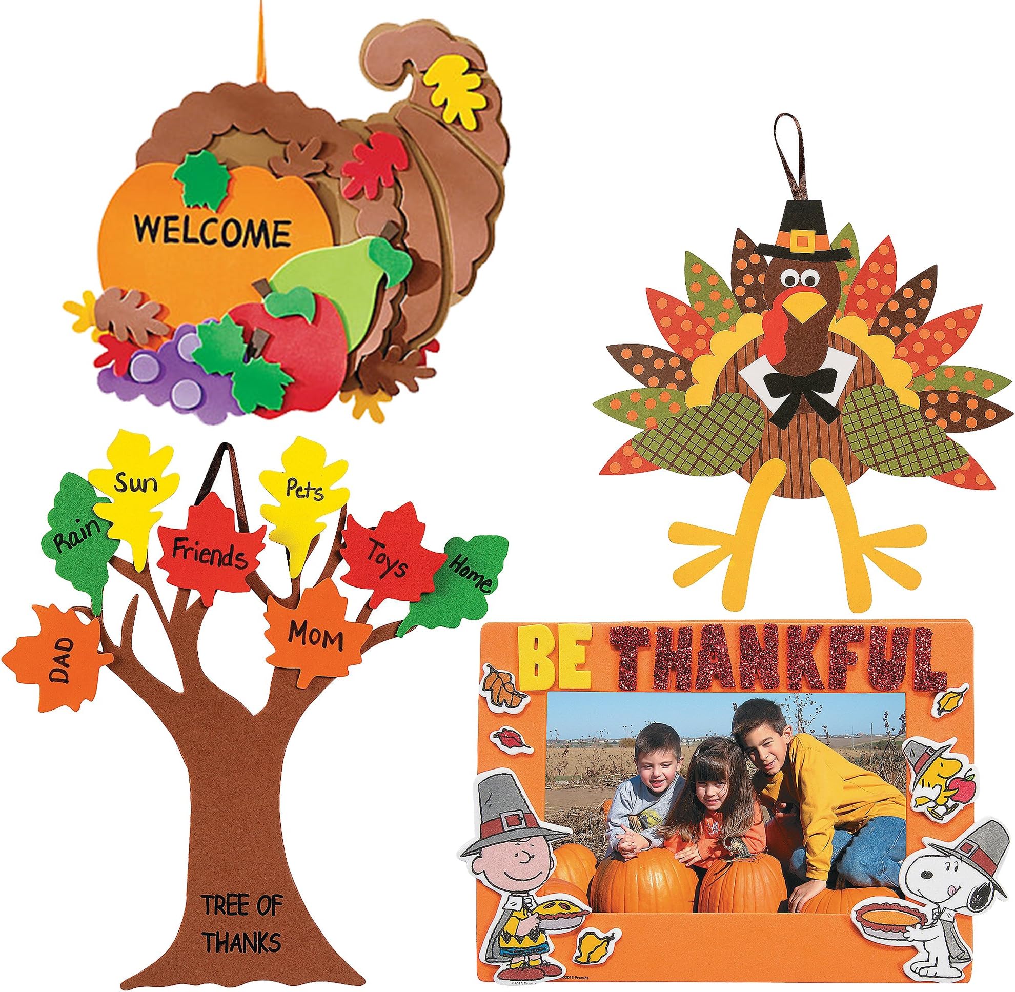 Thanksgiving & Autumn Themed Craft Kits | Peanuts Thanksgiving Picture Frame Magnet Craft Kit, Turkey Making Kit, Foam Cornucopia Door Sign Craft Kit & Tree of Thanks Kit | Holiday Family Activities.
