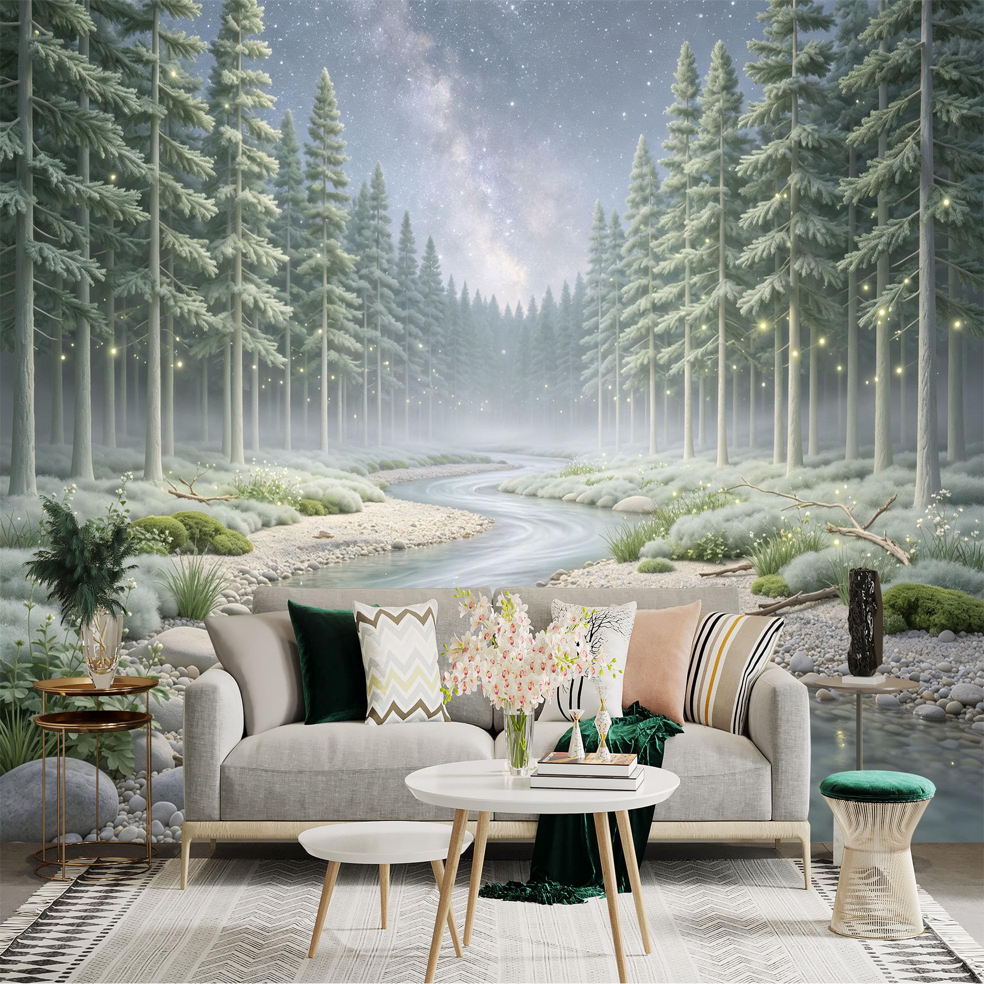Lnzczhyre Bh260719451 Custom Size Wall Sticker Mural， Misty Forest River， Glowing Fireflies， Enchanted Woodland Scenery， Starry Night Sky， For Wall Decoration， Peelandstick Wall Decals.