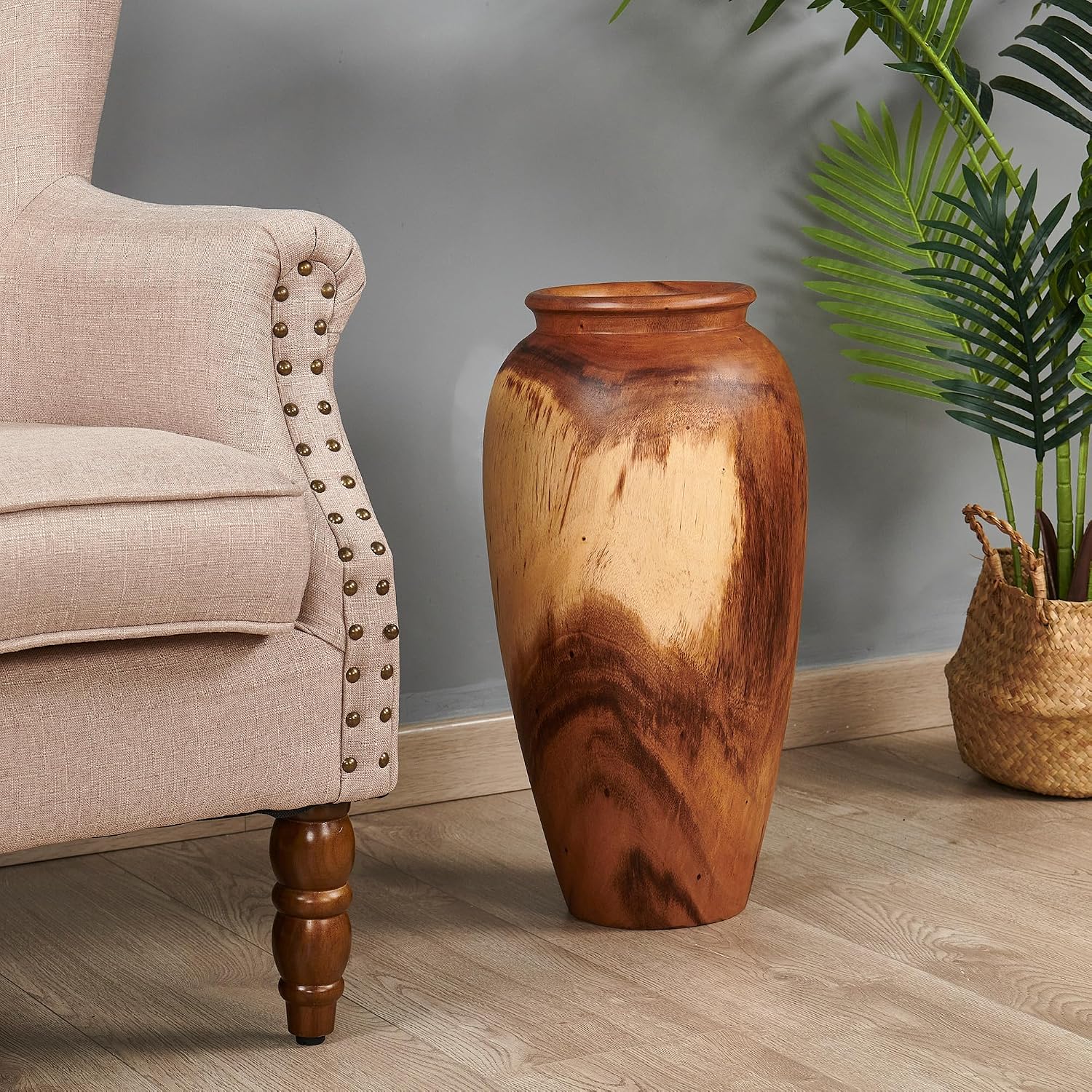 Natural Wood Vase 7.1" x 7.1" x 19.7" H Wooden Brown Handmade Acacia Vase Rustic Decorative Flower Holder Vintage Artworks Planter for Living Room Floor Home Christmas Décor