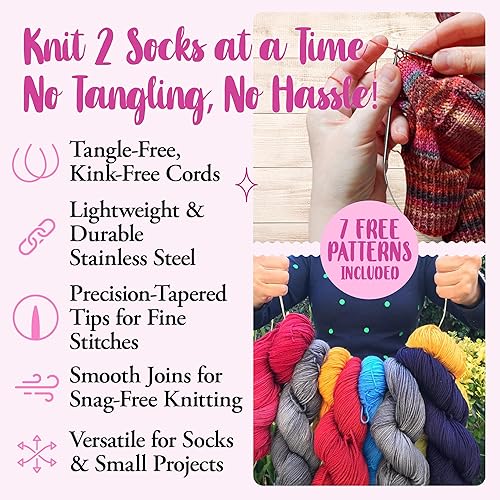 Miniatura 2 de KnitPal Juego de agujas de tejer circulares de metal para calcetines, método de dos circulares, 12 piezas en 6 tamaños, (patrones gratis), ideal
