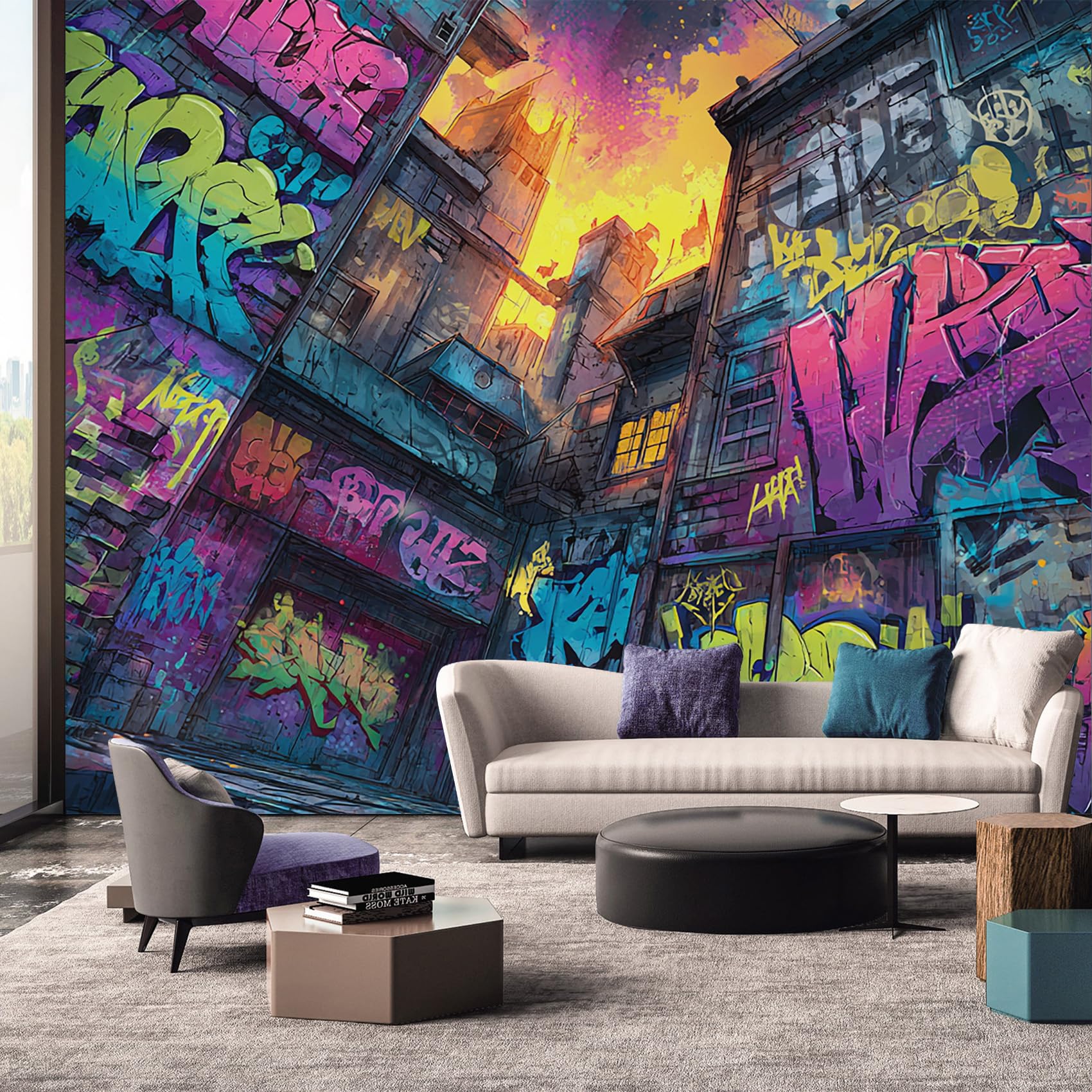 Graffiti Wallpaper, 3D Effect City Wallpaper Murals, Graffiti Room Decor Wall Art for Bedroom Kitchen Living Room 130L x 80W cm