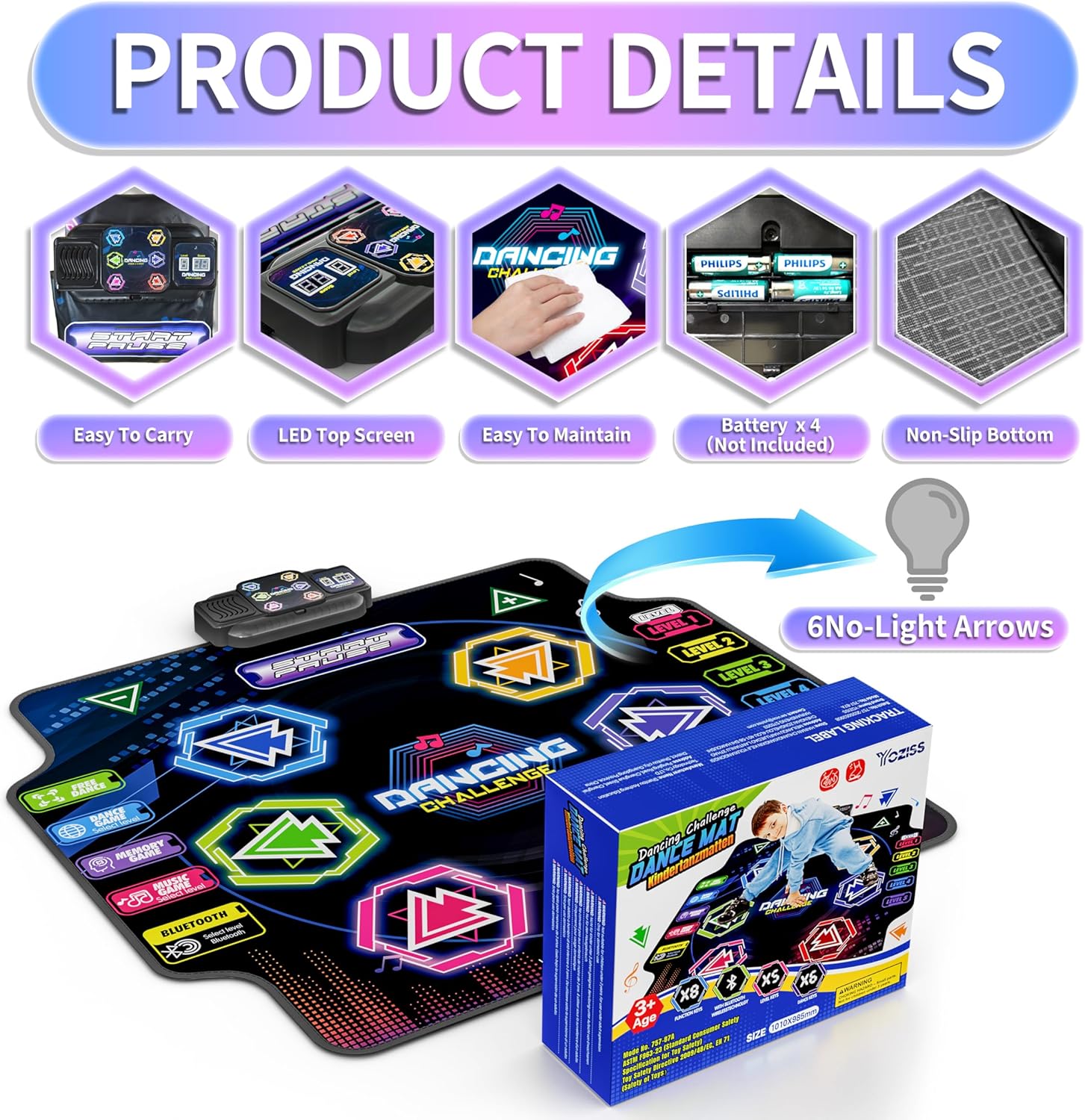 Bluetooth Dance Mat Kids, Dance Mat for Girls and Boys, Non-Slip Portable Dance Pad, 5 Music Game Modes, Electronic Dance Mat Birthday Gift for Kids Ages 4-12 - Image 2