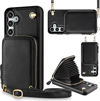 for Samsung Galaxy S23FE Wallet Case with Card Holder & Crossbody Lanyard | Shockproof Protective Phone Purse Cover, Leather Zipper Handbag Case for Women Men Galaxy S23FE 5G 6.4 inch, Black