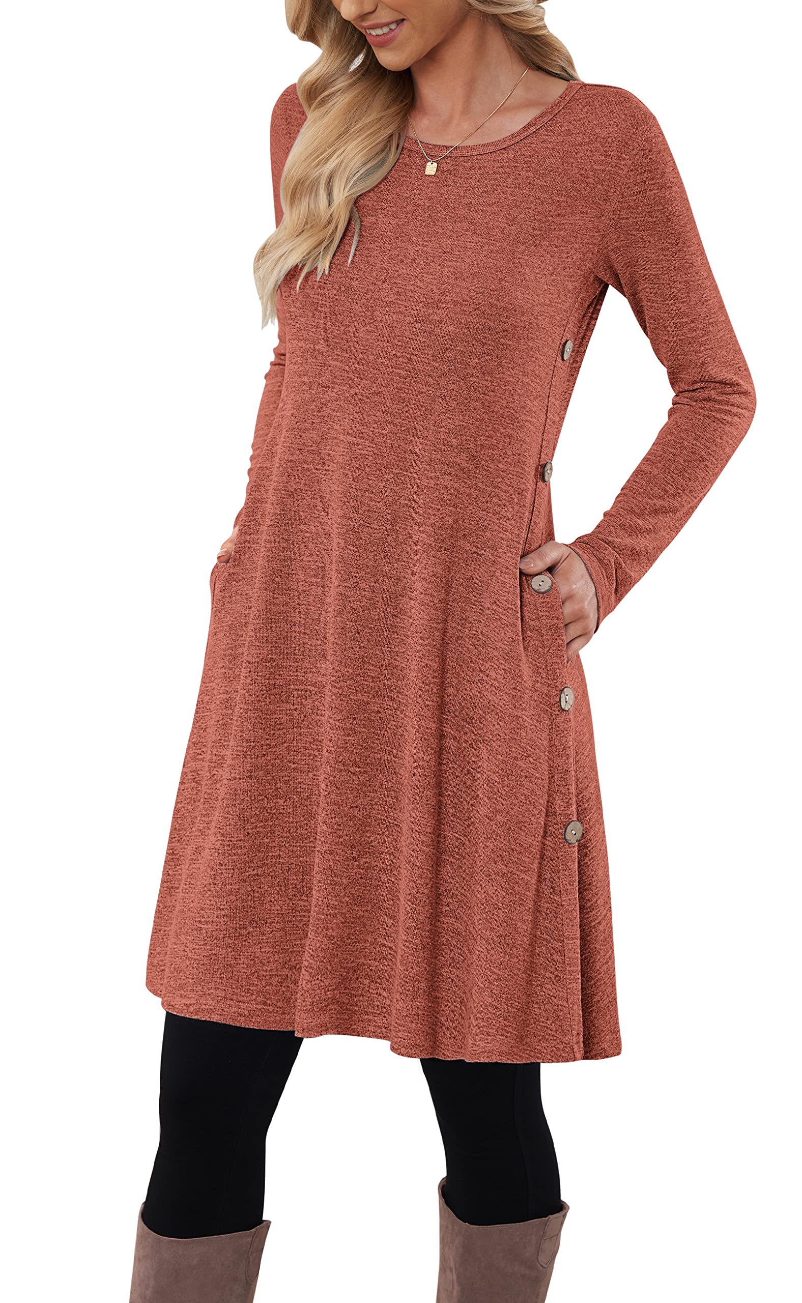 MOLERANI Vestido de Jersey para Mujer Vestido de Manga Larga Botón de Mujer Vestido Túnica Casual con Bolsillos
