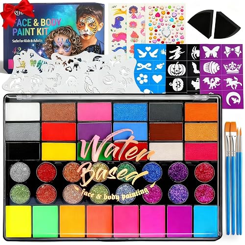 Professional Face Painting Kit for Kids – 42 Color Water-Activated Face Paint Makeup Palette with Stencils, Gems & Brushes – Non-Toxic Body Paint for Parties, Festivals, School Events & Carnival