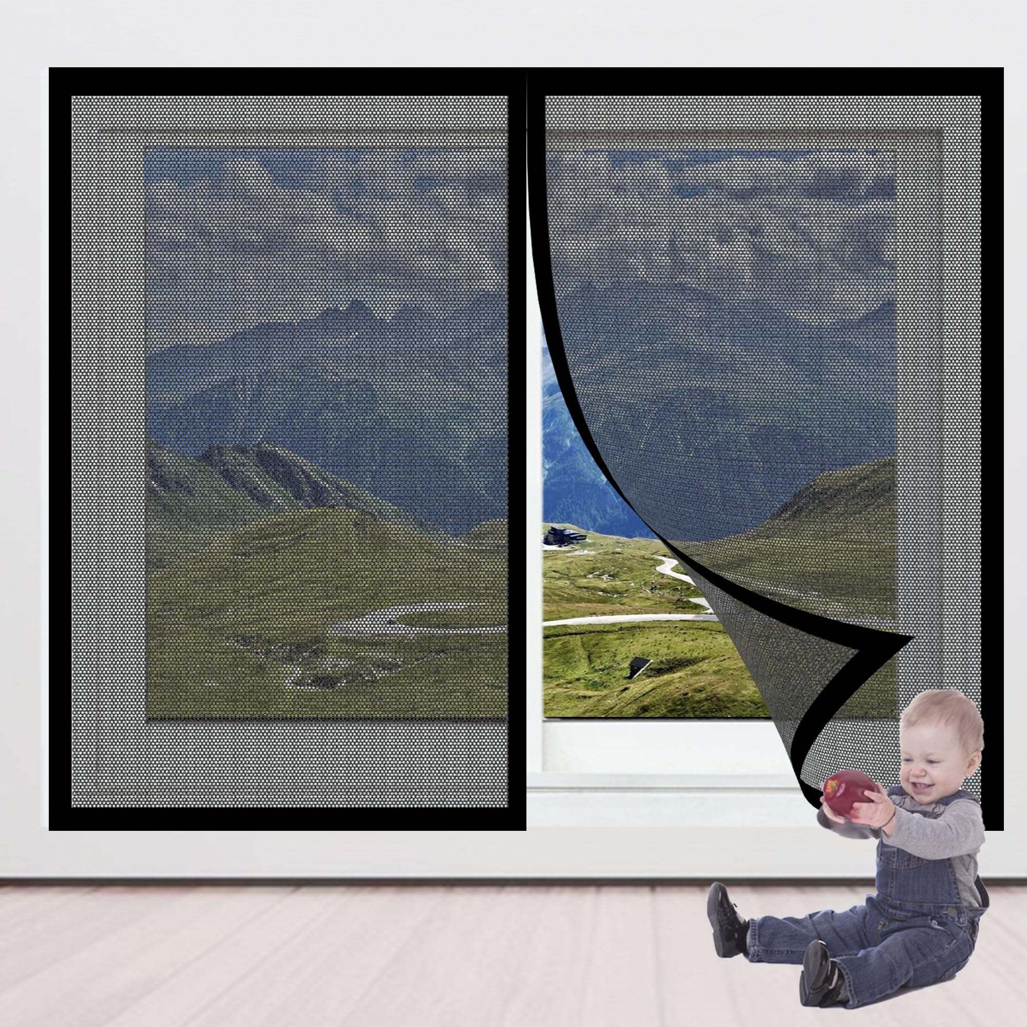 Guozhen Black Window Screen Mosquito Netting 106 X 130 Cm Adjustable Diy Window Screen Without Drilling Self-Adhesive Tape For Transparent Fly,