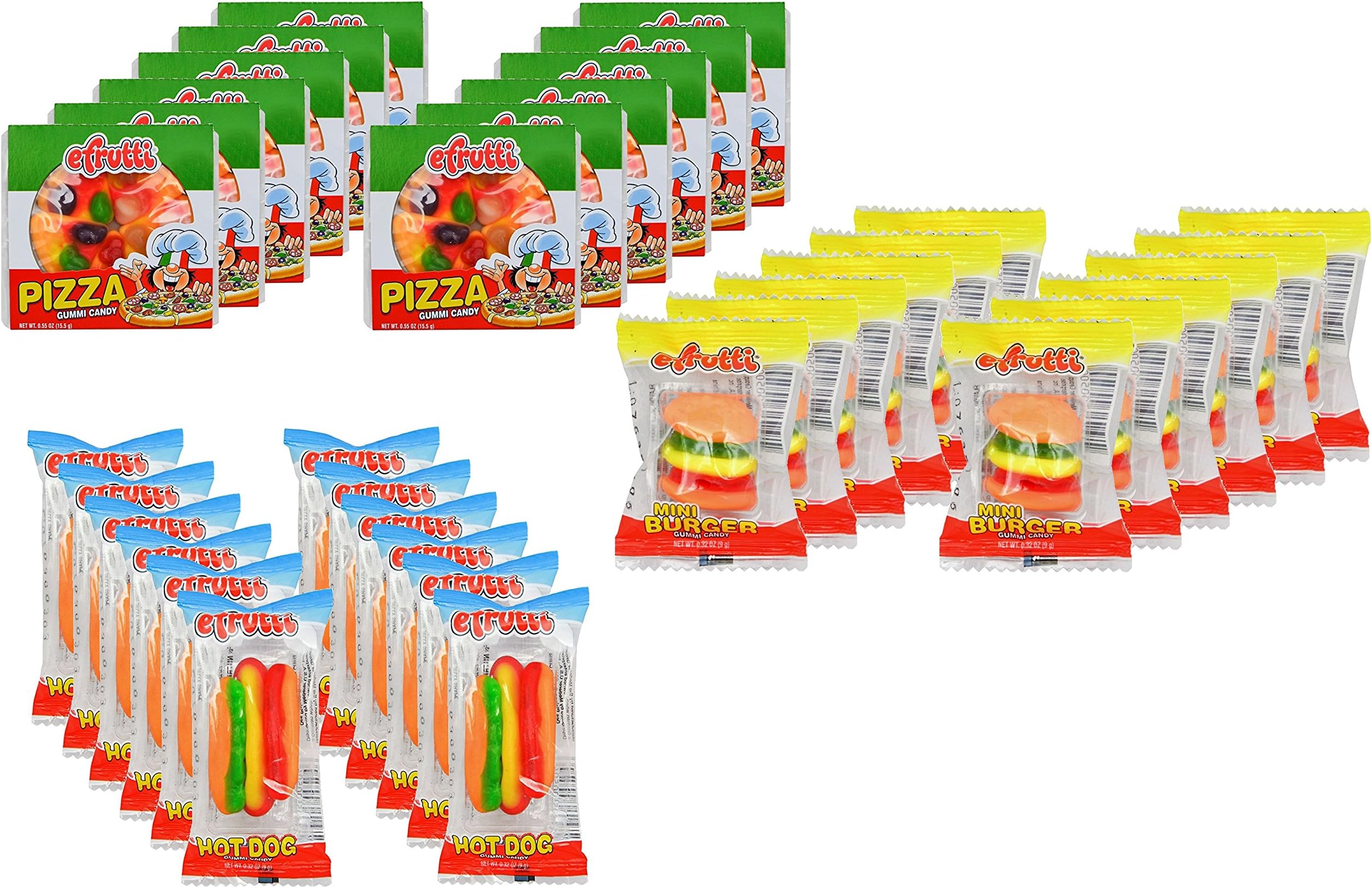 ULTIMATE GIANT MINI GUMMY FAST FOOD CANDY SAMPLER – Twelve Each of Mini Gummy Pizzas, Mini Hamburgers & Mini Hot Dogs, Individually Wrapped (36 Pieces)