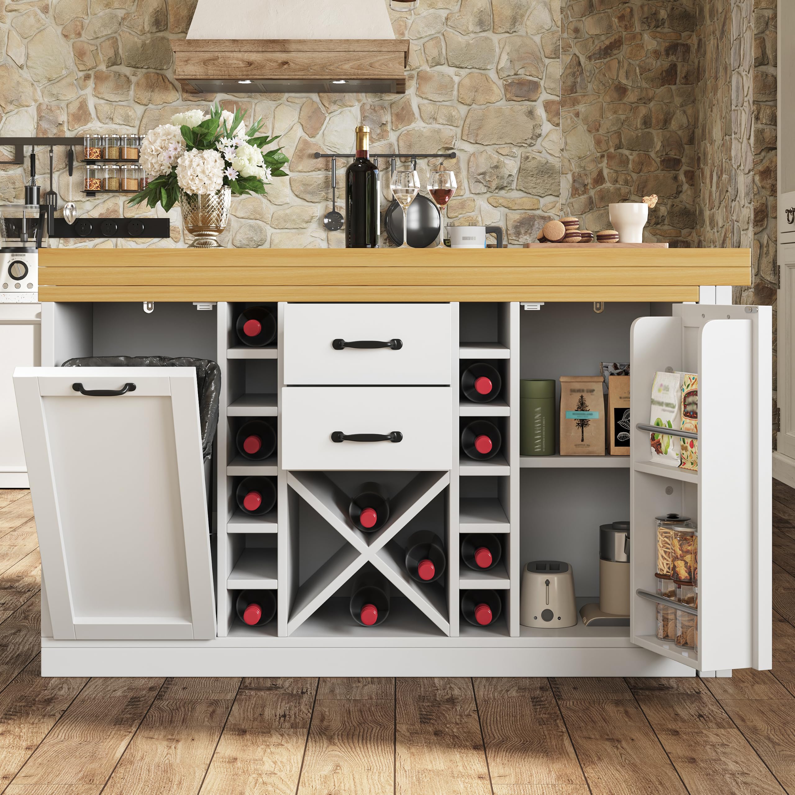Gecheer Isla de Cocina y Comedor Multifuncional de MDF y Metal, con botellero extraíble y estantes Laterales, 120-223 cm, para cocinas y comedores