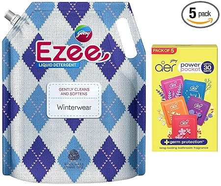 Godrej Ezee Liquid Detergent 2 kg Pouch for Winter-wear, Added Conditioner, No Soda Formula, Woolmark Certified & Godrej Aer Power Pocket | Assorted Pack of 5 (50g)