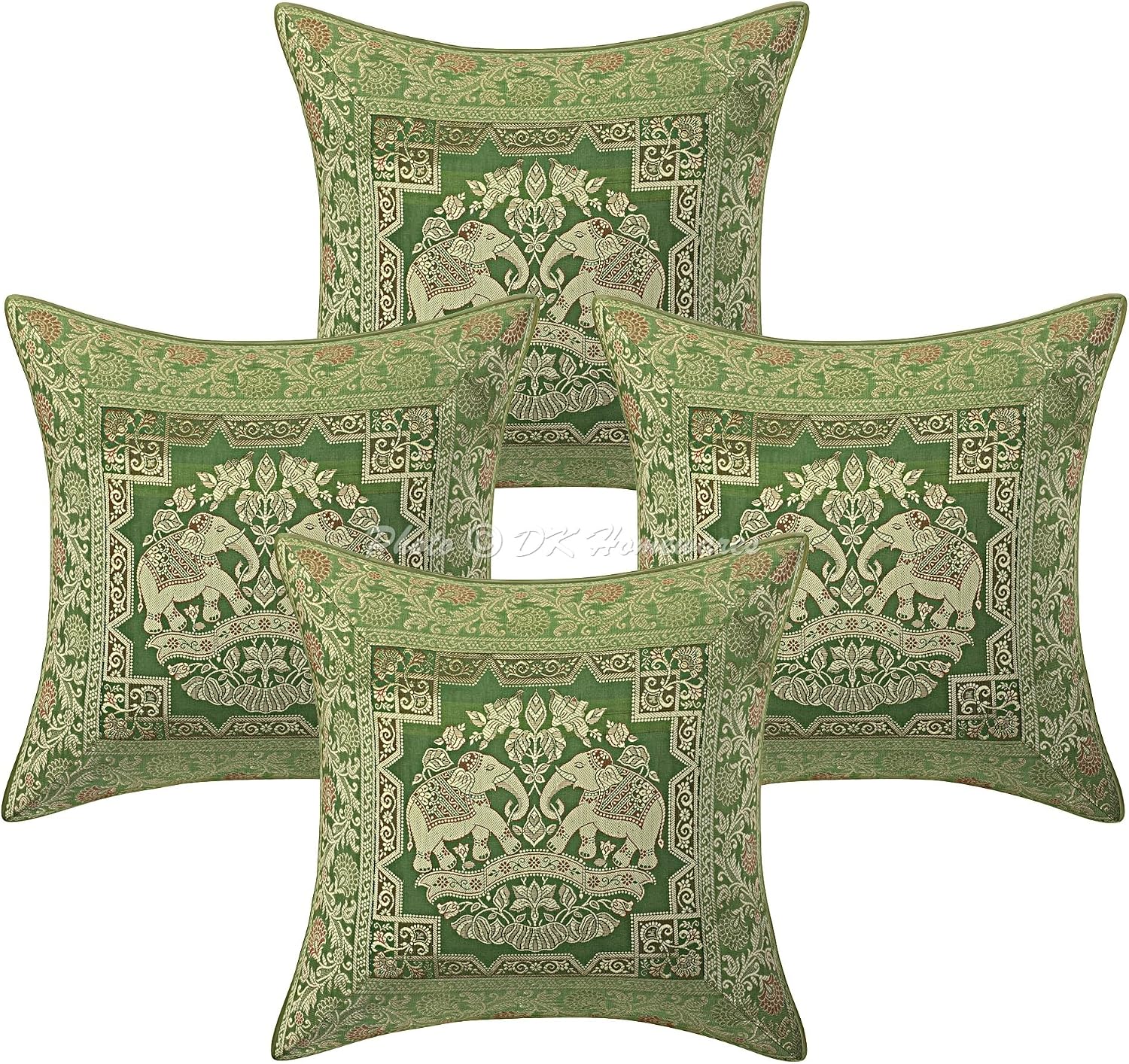 Ethnic Throw Pillow Covers 16x16 Inch Brocade Jacquard Weave Decorative Square Elephant Cushion Covers (Size - 40x40 cm ; Color: Olive Green & Gold) - Set of 4 Pcs (Cover Only)