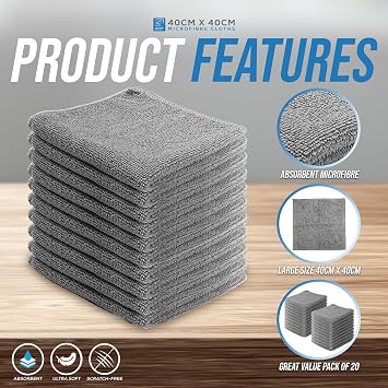 Microfiber Cleaning Cloth, Large Size 40x40cm, Super Absorbent Lint Free Microfibre Cloths Cleaning for Home, Kitchen, Surface, Mirrors, Bathrooms, Motorbike, Car (Grey, 20)