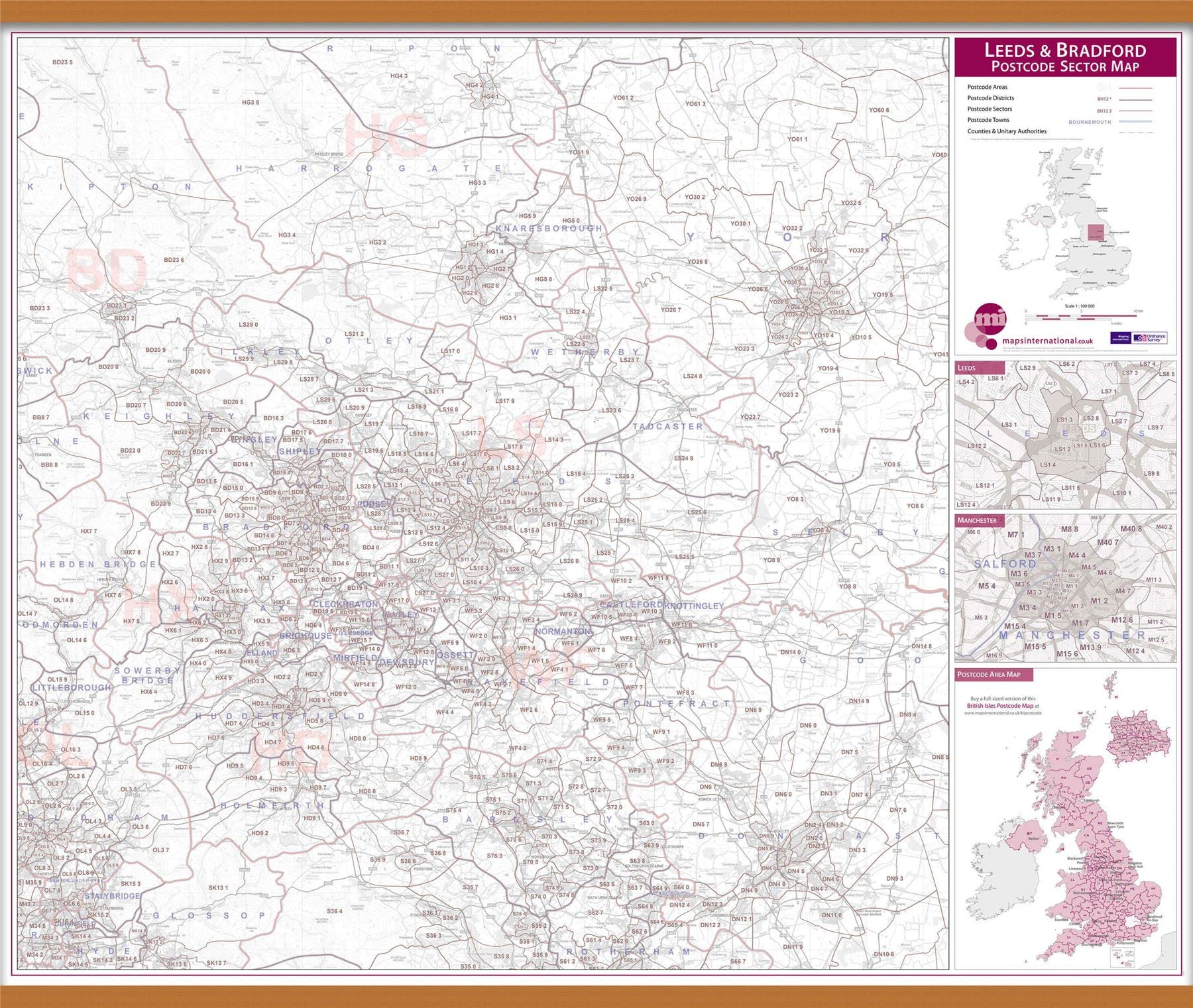 Leeds and Bradford Postcode Sector Map (Wooden hanging bars)