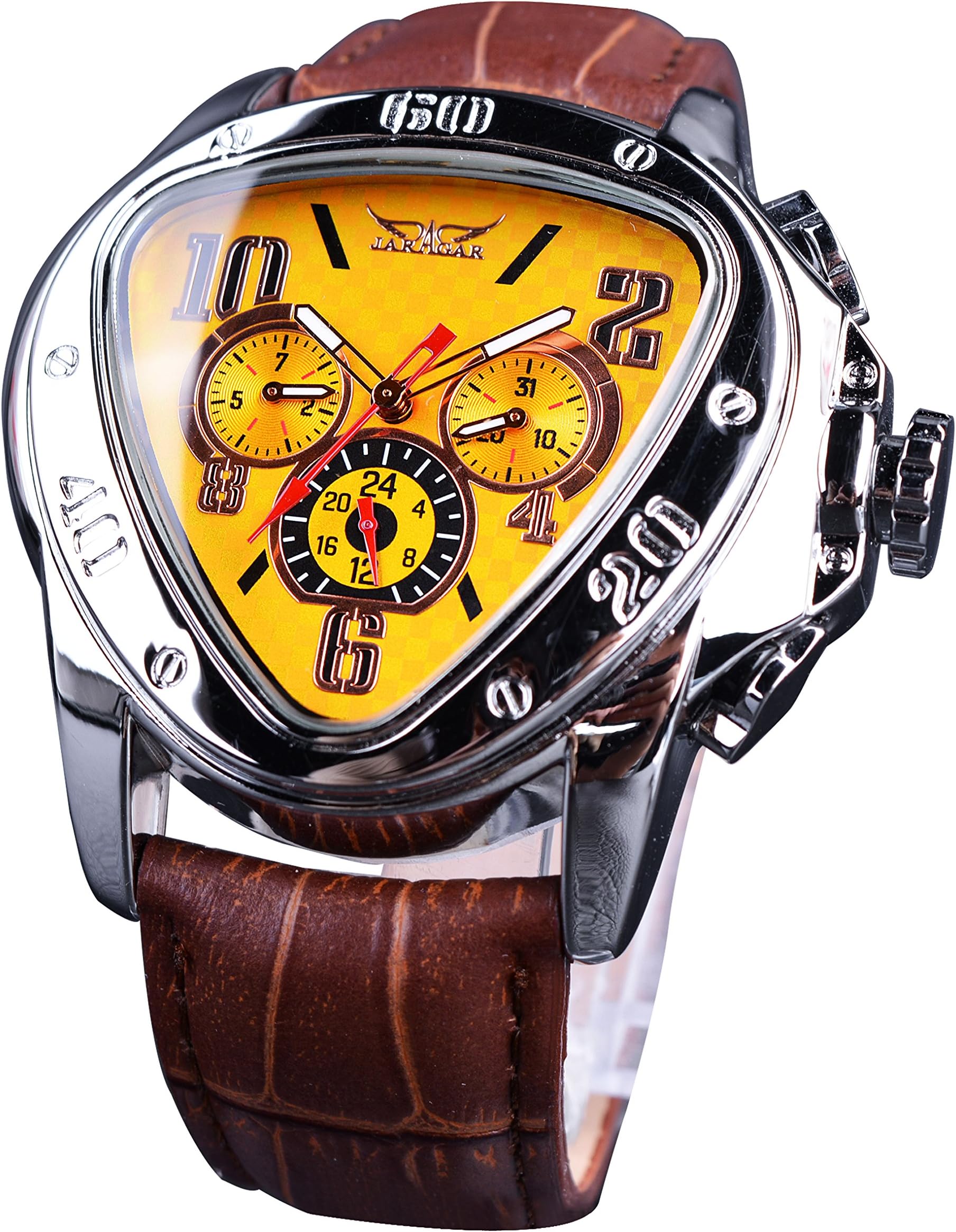 Automatic Mechanical Watch for Men, Triangle Racing Dial, Waterproof Luxury Wristwatch with Brown Leather Band